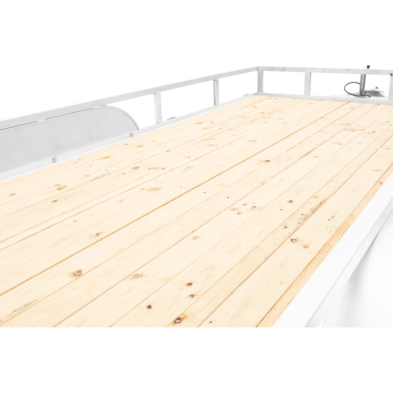 Empty flatbed trailer with light wood planks and silver metal rails, viewed from the side edge.