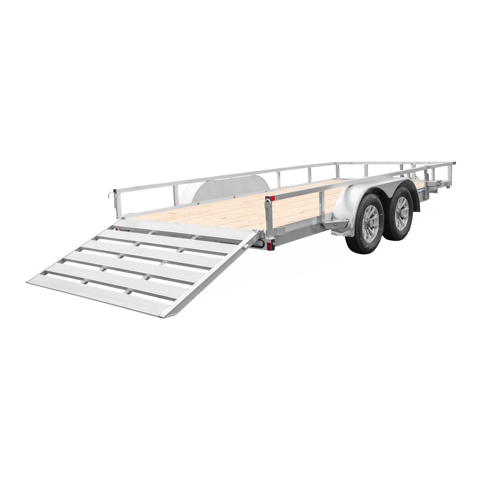 Dual-axle aluminum trailer with wooden deck and lowered loading ramp for transporting vehicles or gear