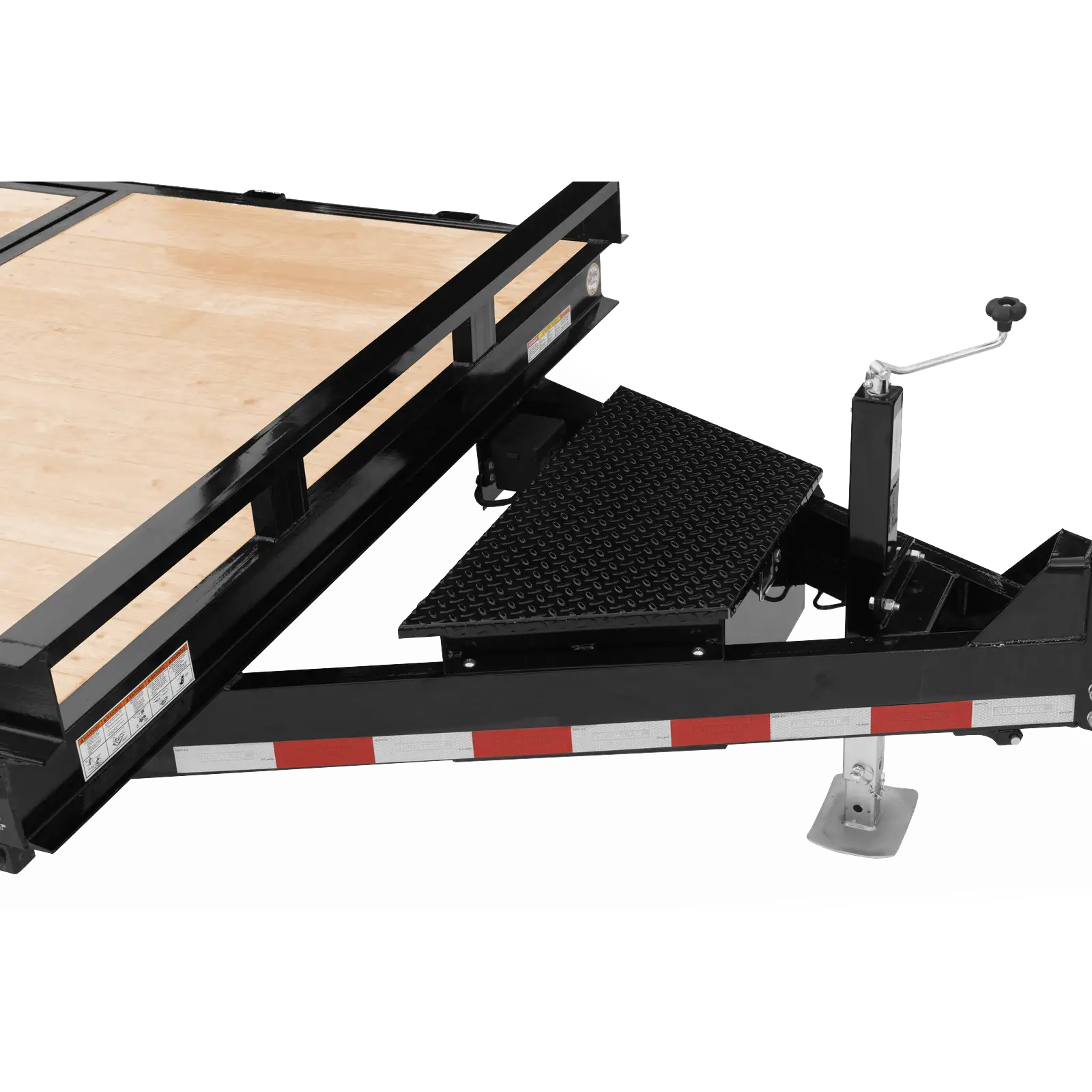 Black utility trailer deck with wood boards, black steel frame, and a raised diamond-plate access step near the hitch area, plus a trailer jack visible to the right or front.