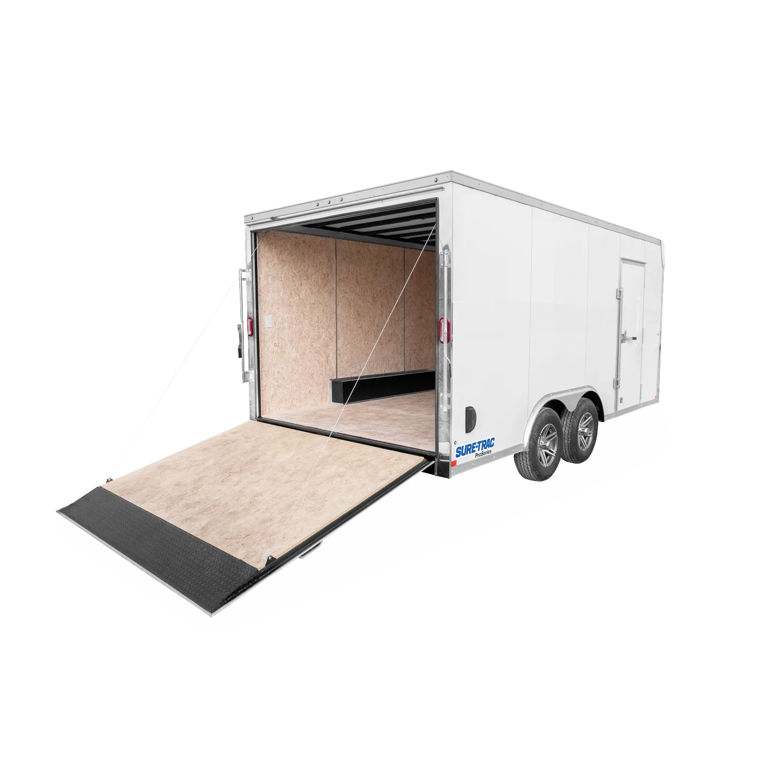 Open white enclosed cargo trailer with plywood interior and a lowered ramp for loading cargo or equipment.