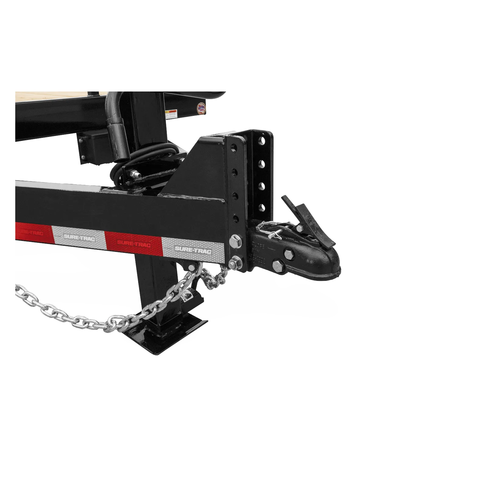 Close-up of a black trailer hitch with safety chain, showing the frame and mounting bolts (Sure-Trac branding).