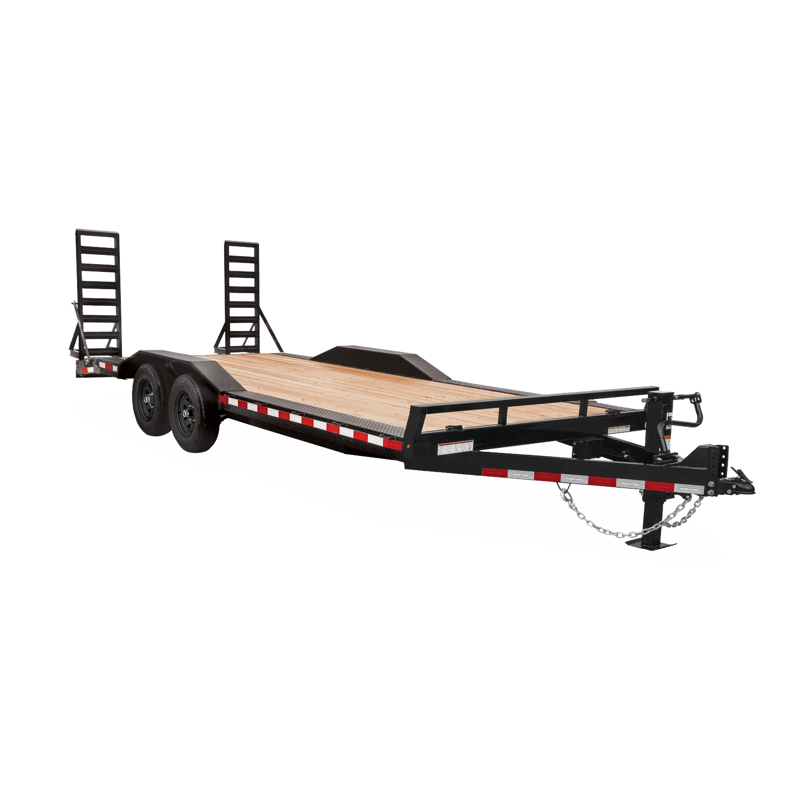 Trailer: dual-axle flatbed equipment trailer with wooden deck and two fold-up ramps at the rear, red/white reflective striping and a hitch.