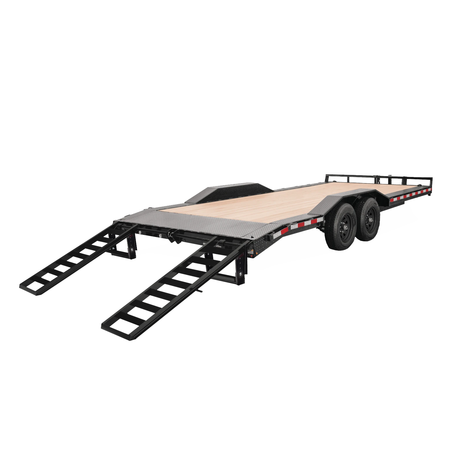 Dual-axle car trailer with a wood deck and extended metal ramps, viewed from the side.