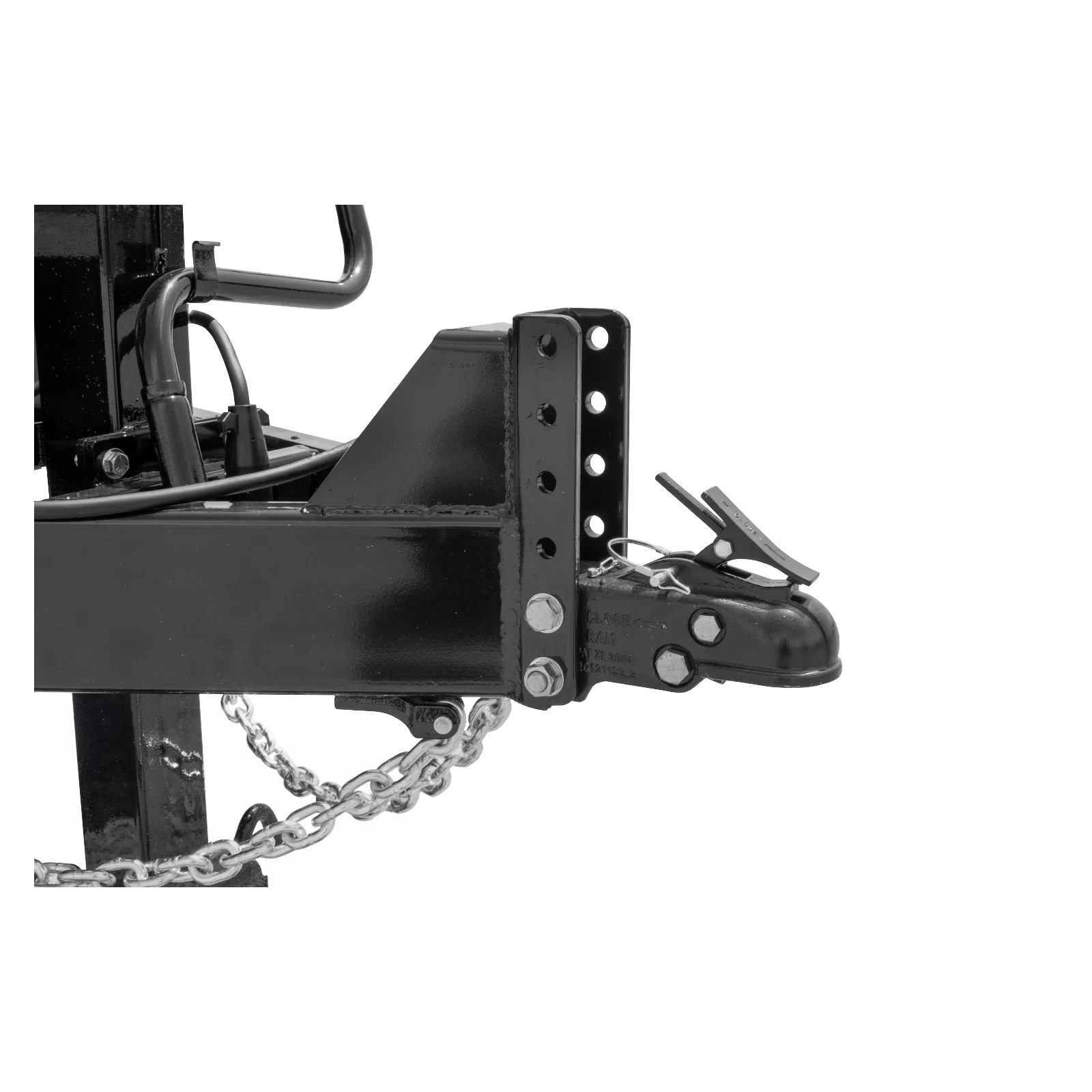 Close-up of a trailer hitch assembly with a curved hitch bar, mounting plate, and safety chain links visible