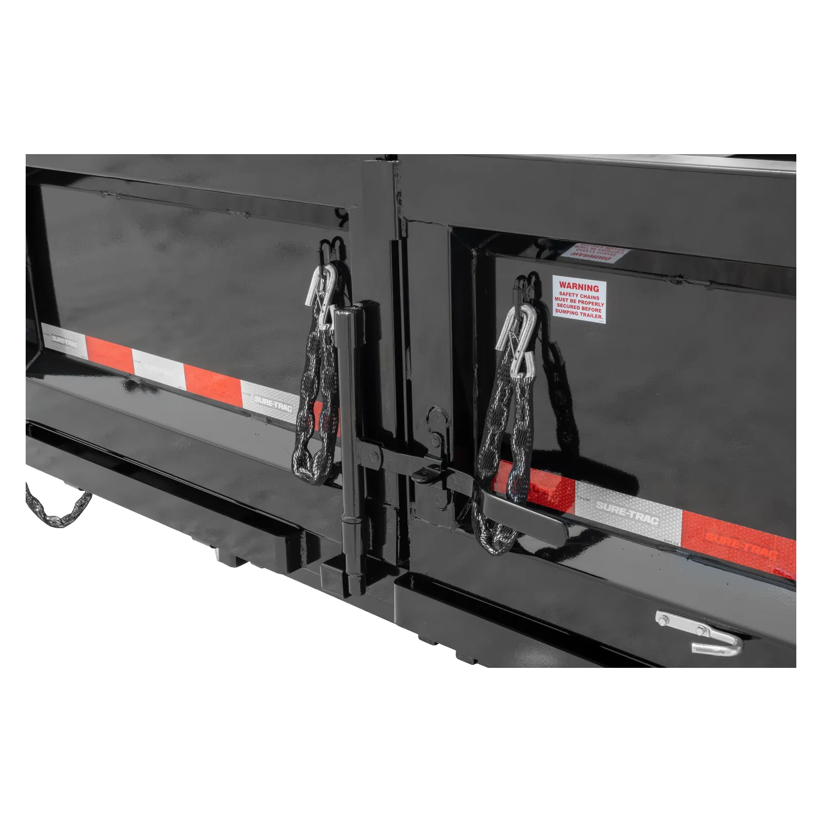 Close-up of the rear of a black trailer showing safety chains hanging from latches and a red reflective strip along the side.