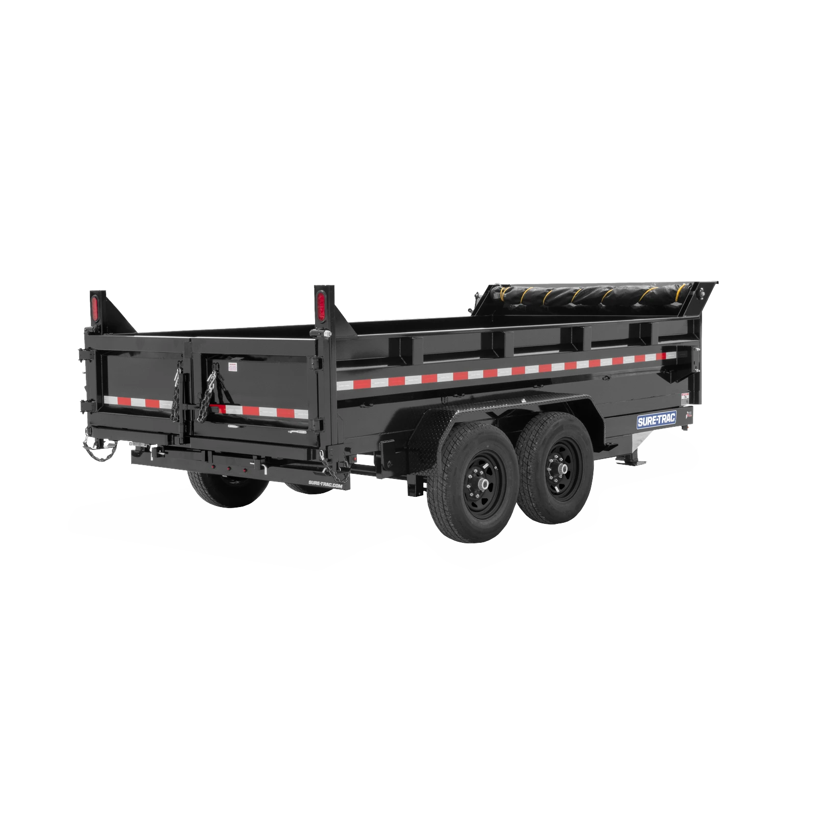 Black dual-axle utility trailer with red/white reflective stripes and metal side rails, shown on a white background (rear-right view).