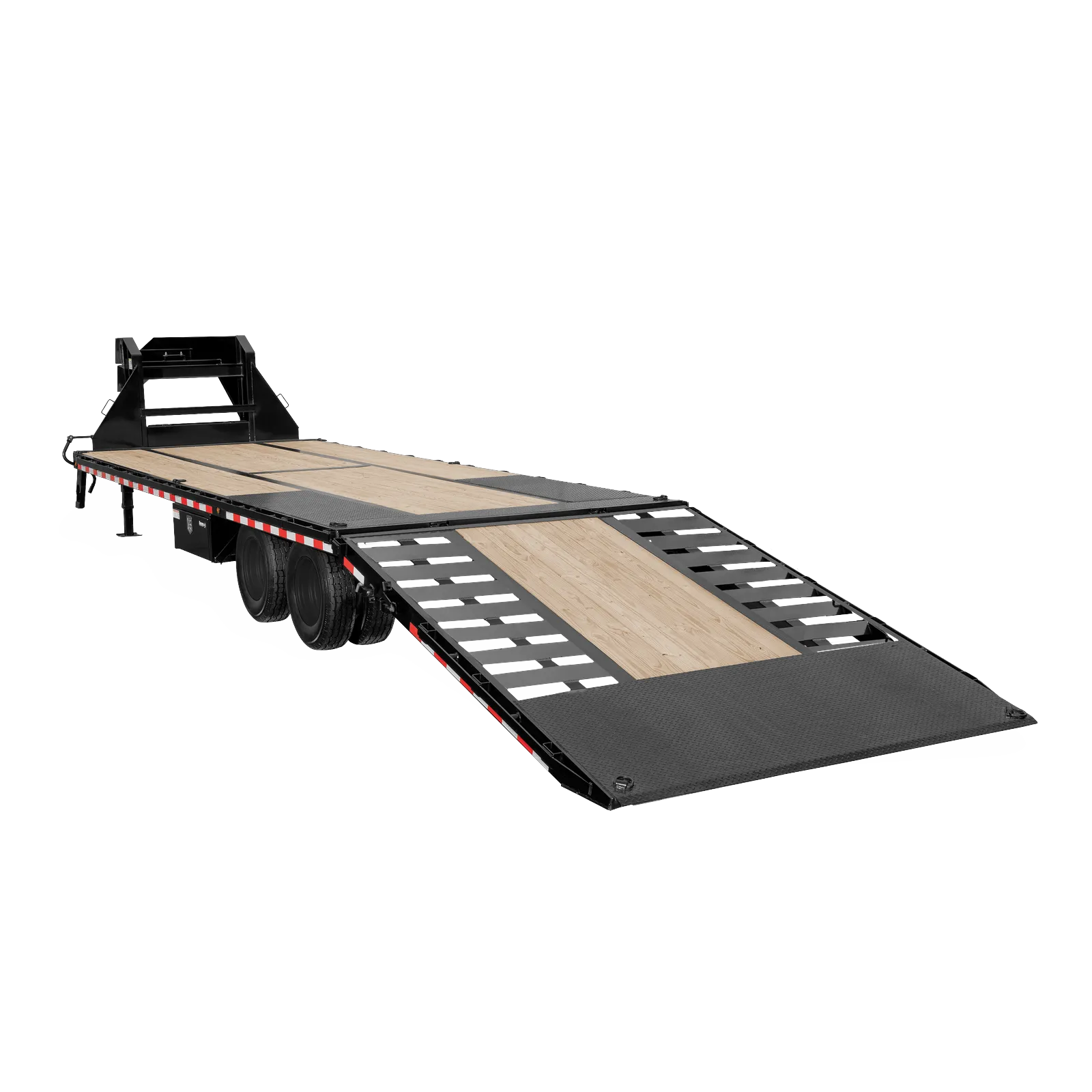 Heavy-duty flatbed trailer with a wooden deck and lowered rear ramps for loading equipment