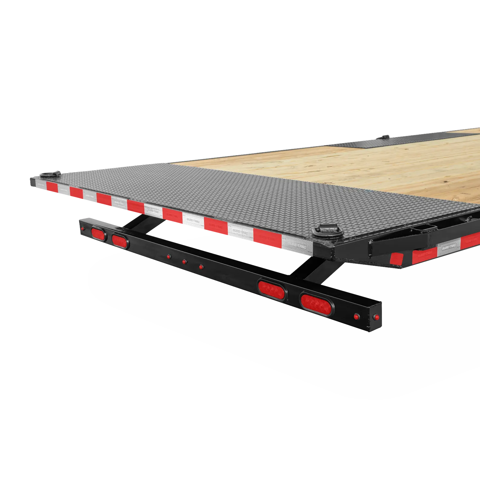Flatbed trailer with a diamond-plate steel surface and a wooden section, edged with red-and-white reflective tape.