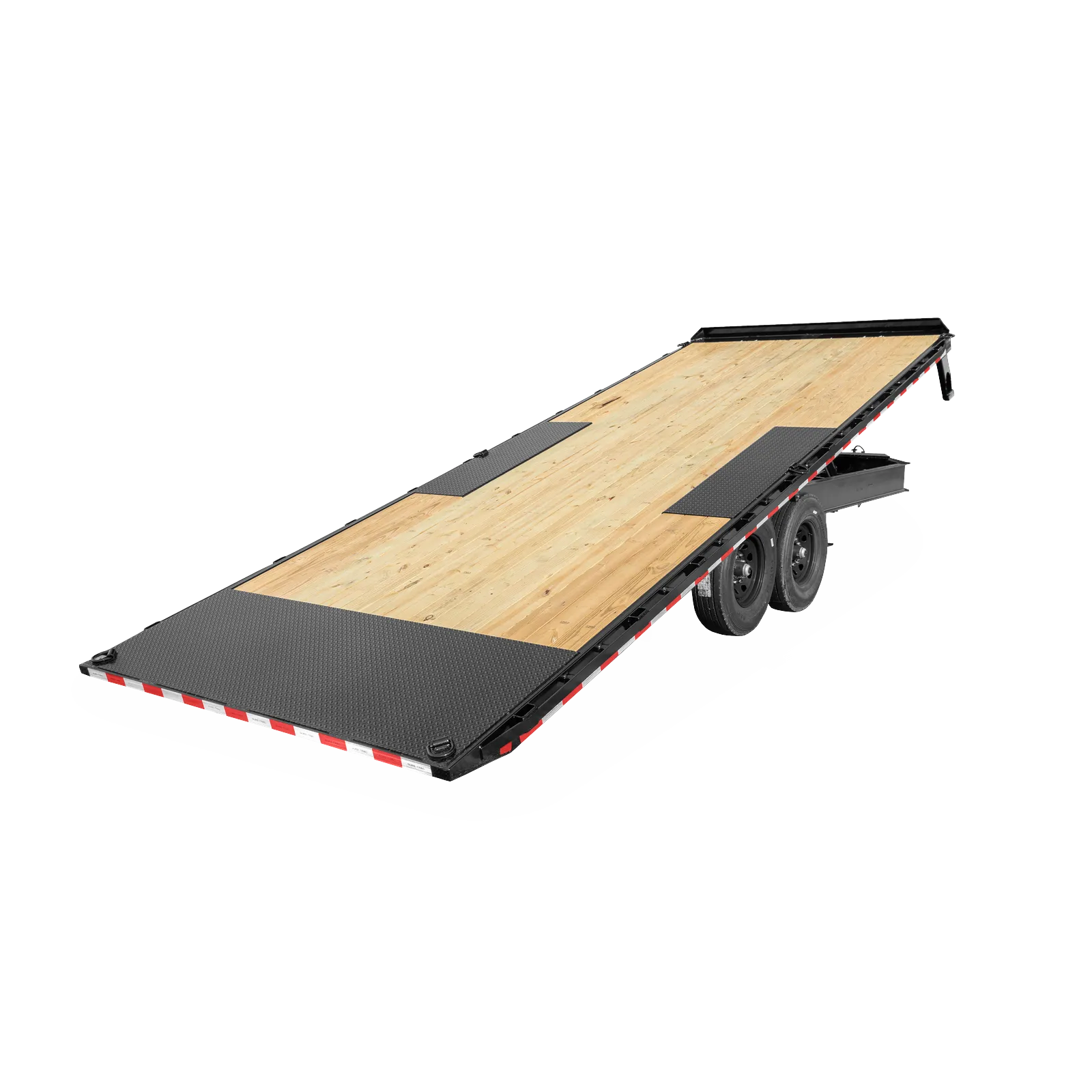 Long black flatbed trailer with a wooden deck and dual rear axles, viewed from an elevated angle.