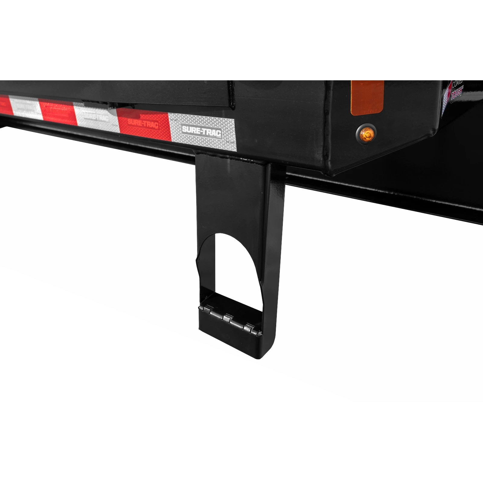 Close-up of a black trailer landing gear leg with a wheel mount, orange marker, and red/white safety tape labeled Sure-Trac