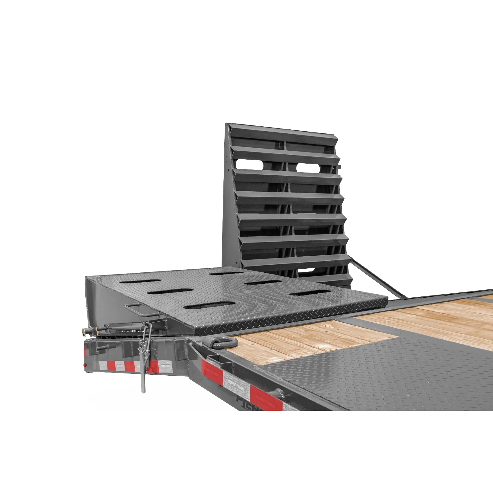 Flatbed trailer with a tall, stacked metal loading ramp and diamond-plate deck.