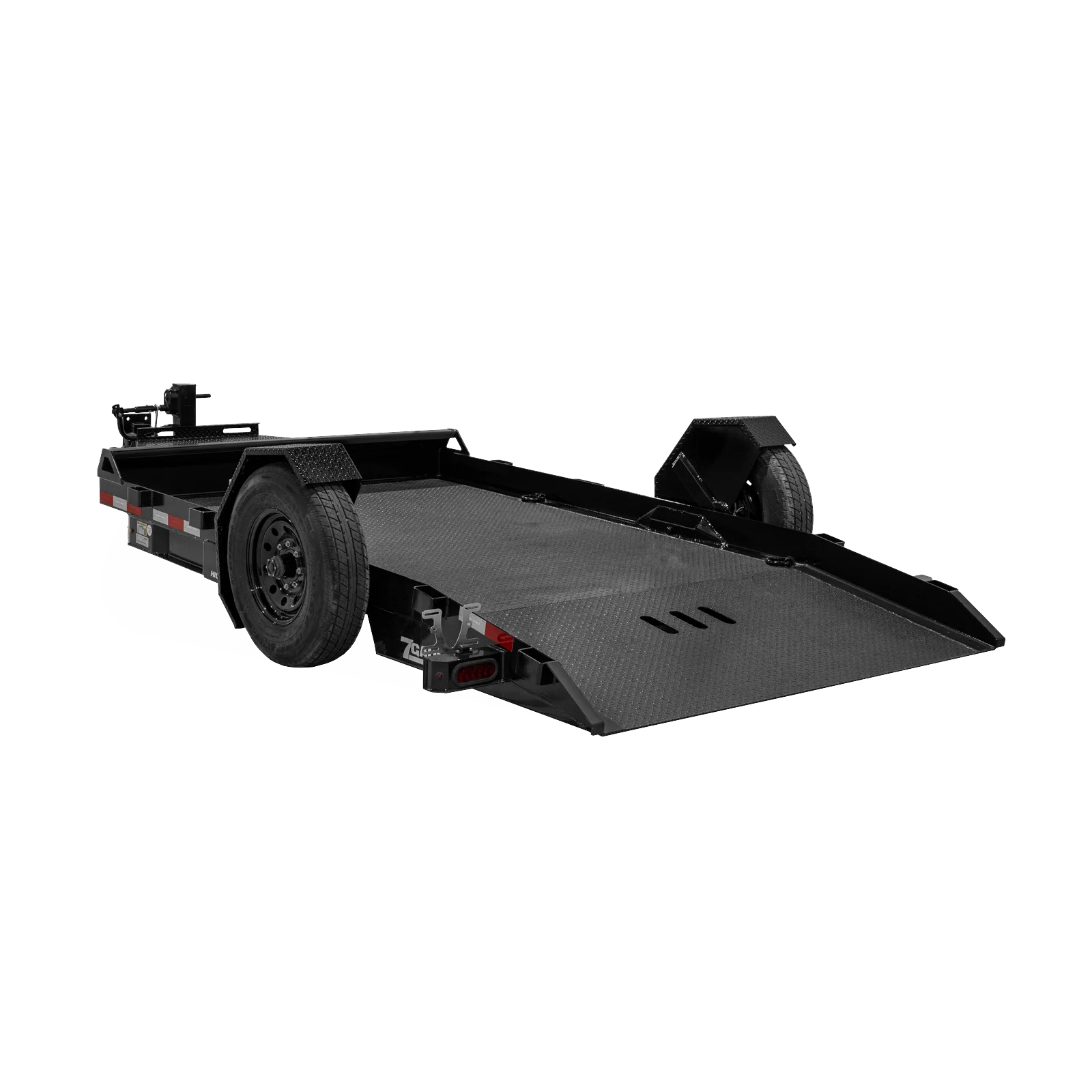 Black flatbed car trailer with ramp extended, showing a diamond-plate deck and dual axles on a white background.