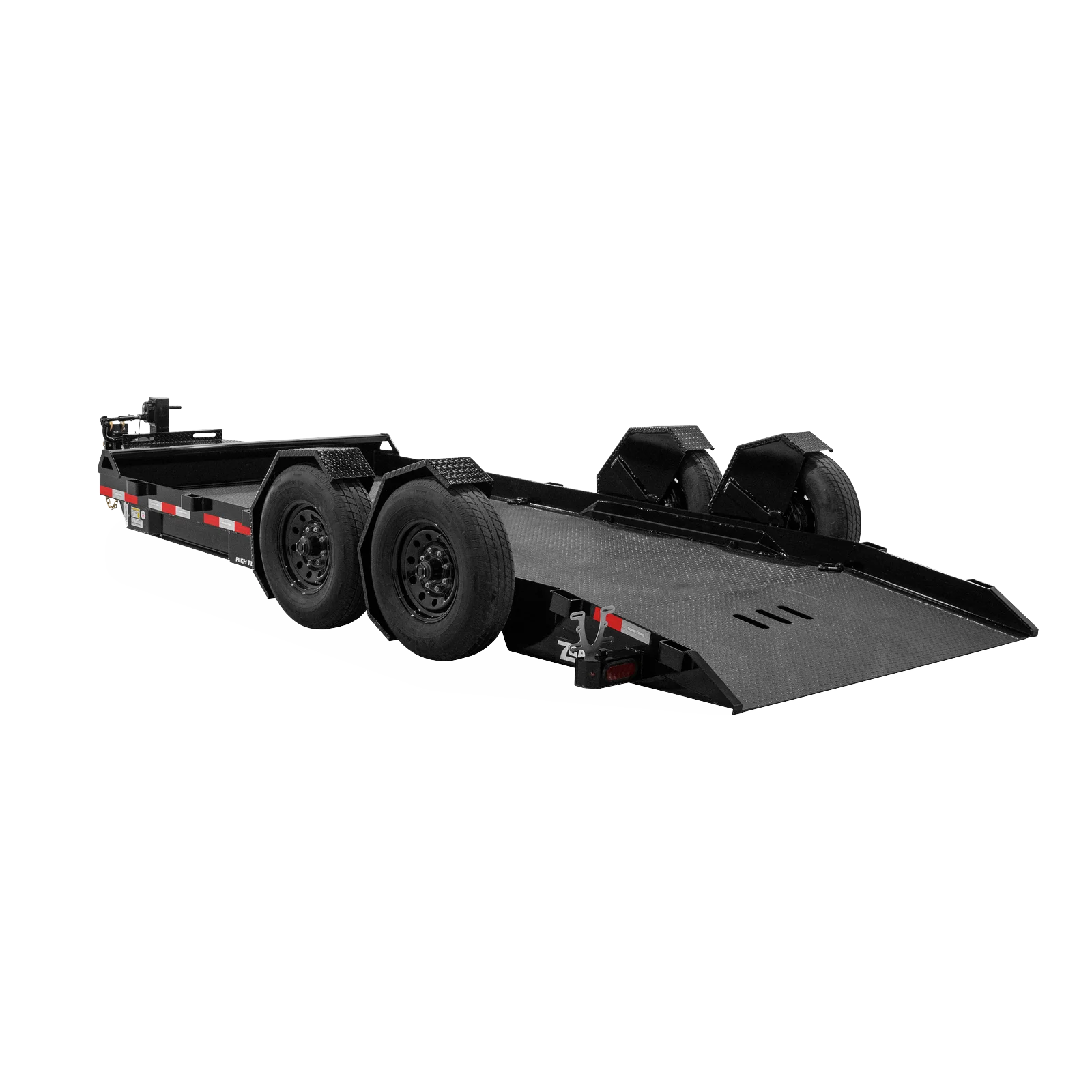 Black multi-axle trailer with a diamond-plate deck and rear loading ramps extended for loading heavy equipment science.