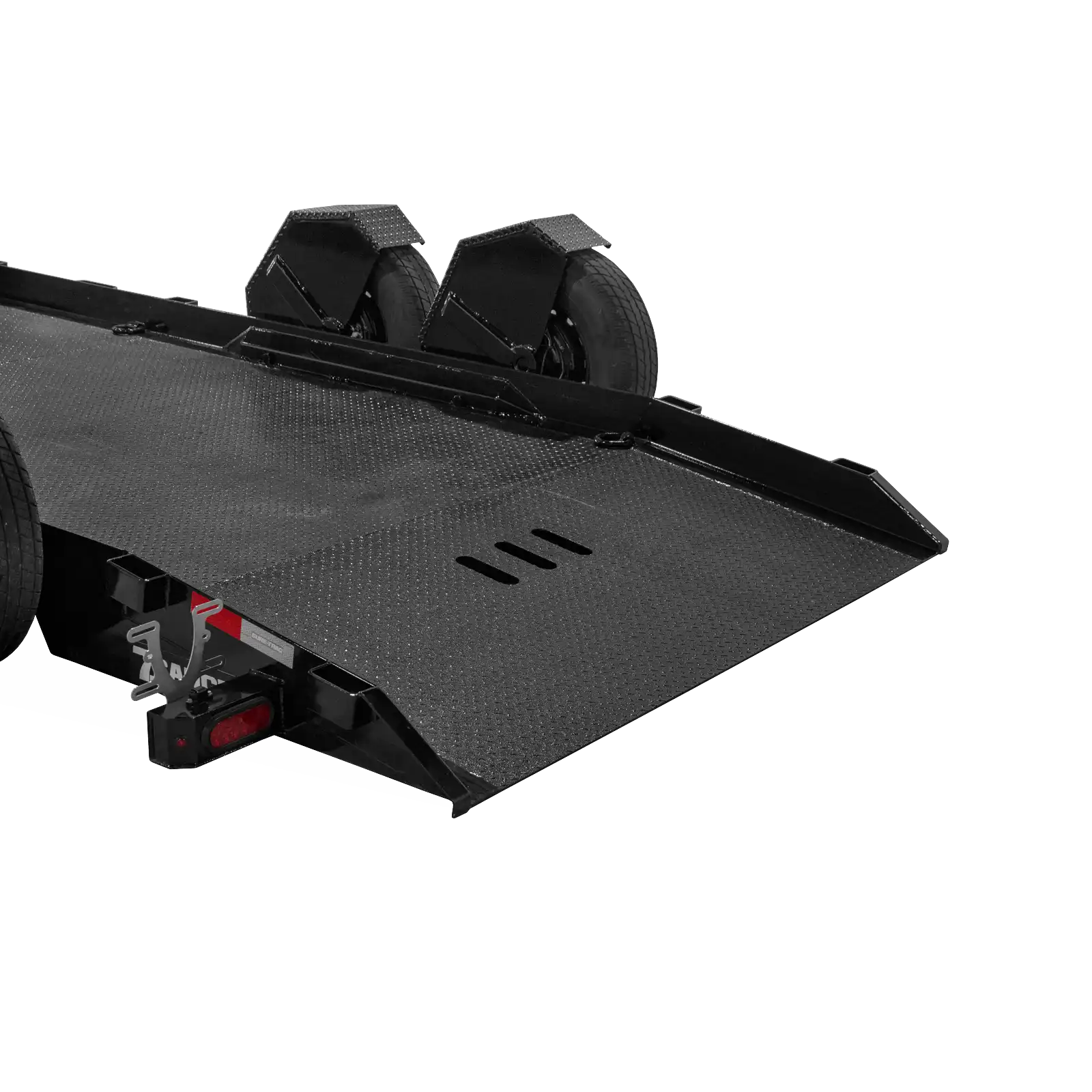 Black steel trailer ramp with a diamond-plate surface and dual wheels visible on the incline side, showing the loading deck and taillights nearby.