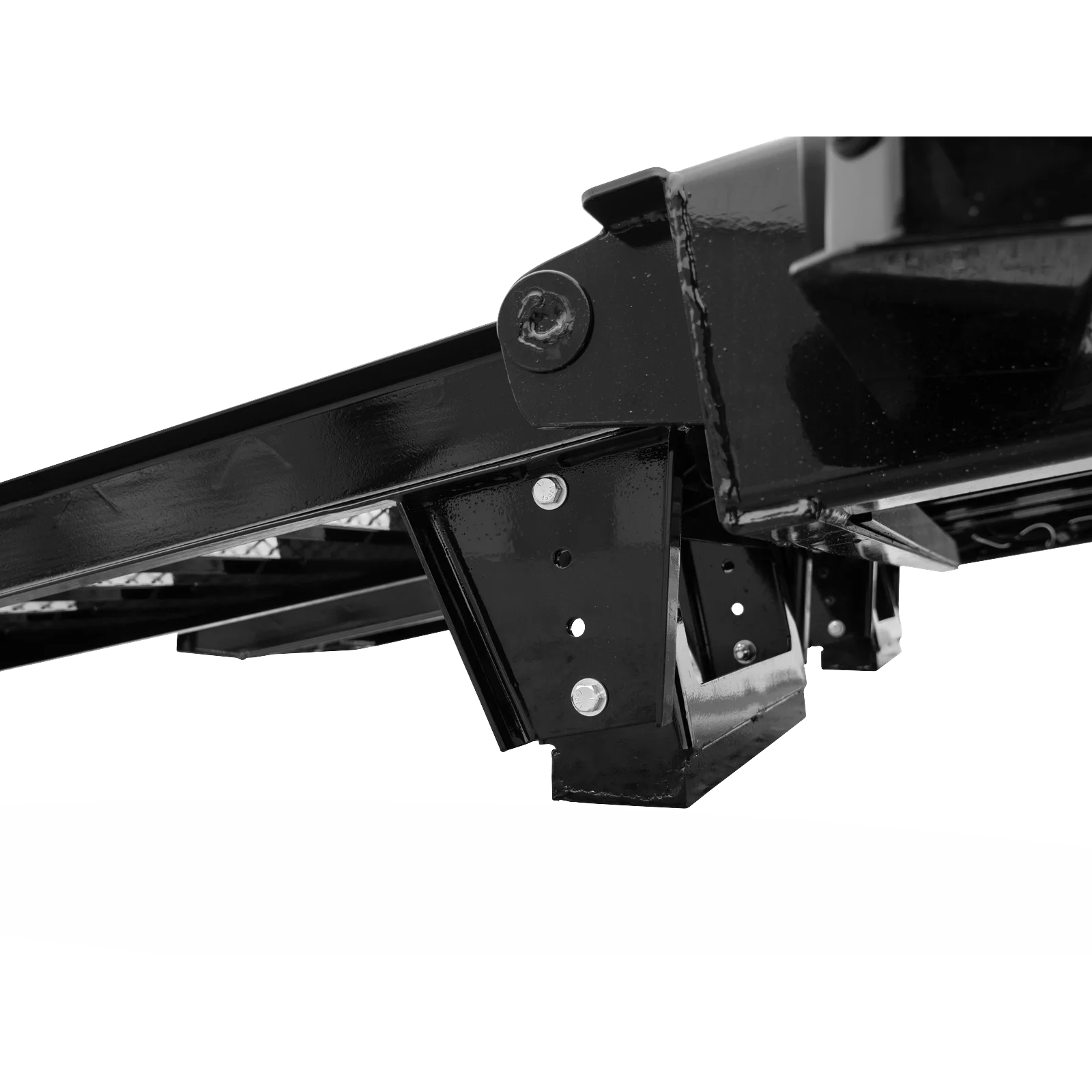 Close-up of a black metal support bracket with bolts, part of heavy-duty industrial machinery.