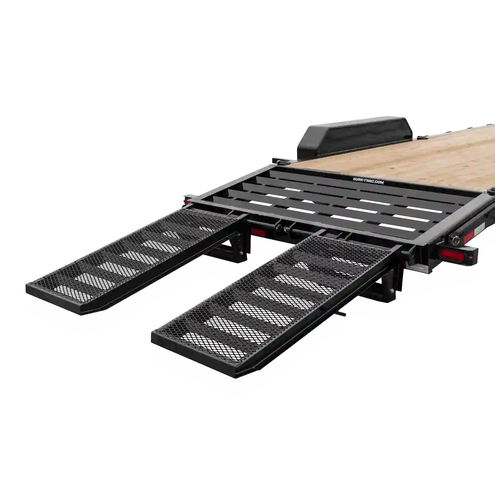Flatbed car trailer with metal grated ramps and wooden deck, Sure-Trac branding visible on the side.