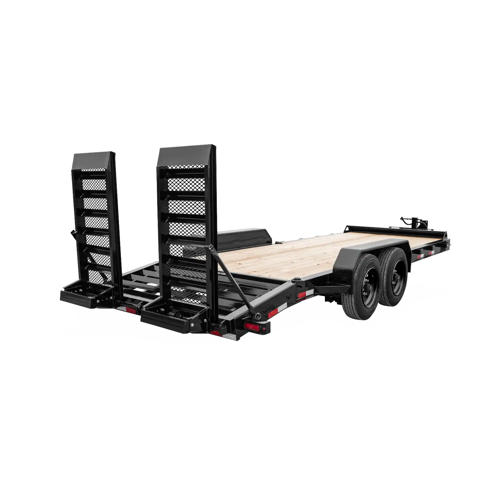 Black multi-axle car trailer with two fold-down rear ramps on a wooden deck, ready for loading vehicles.