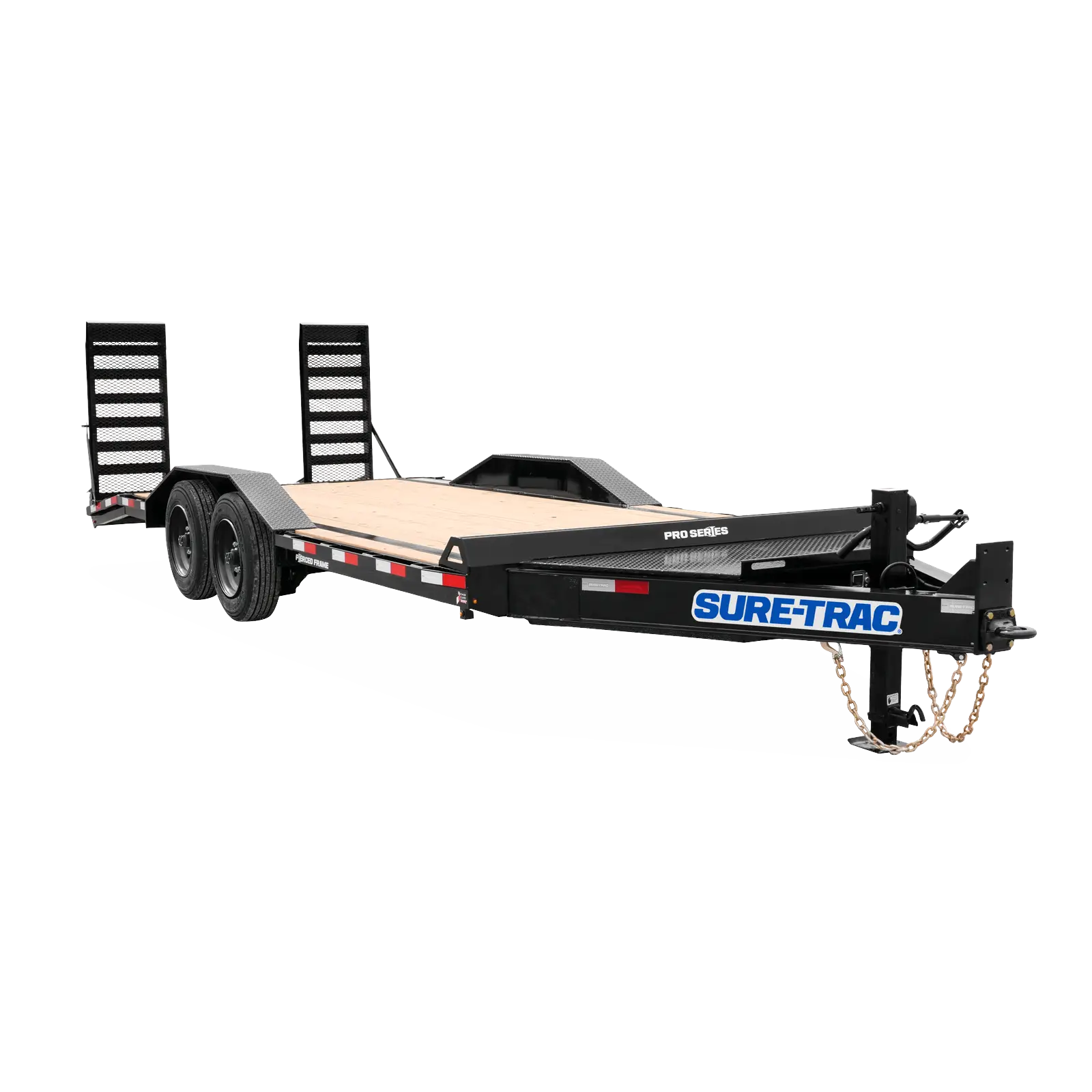 Black dual-axle car hauler trailer with steel ramps and a wood deck, branded 'Sure-Trac' on the front.