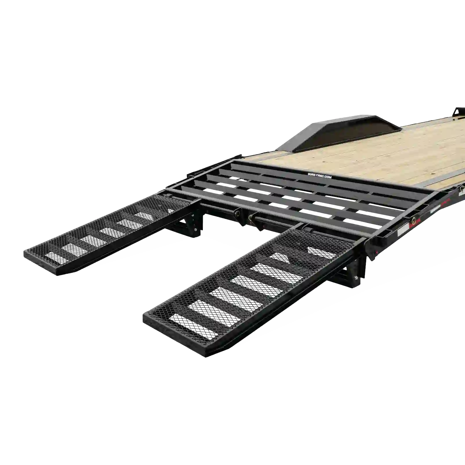 Black metal trailer ramps with a grated surface extending from a wooden platform.