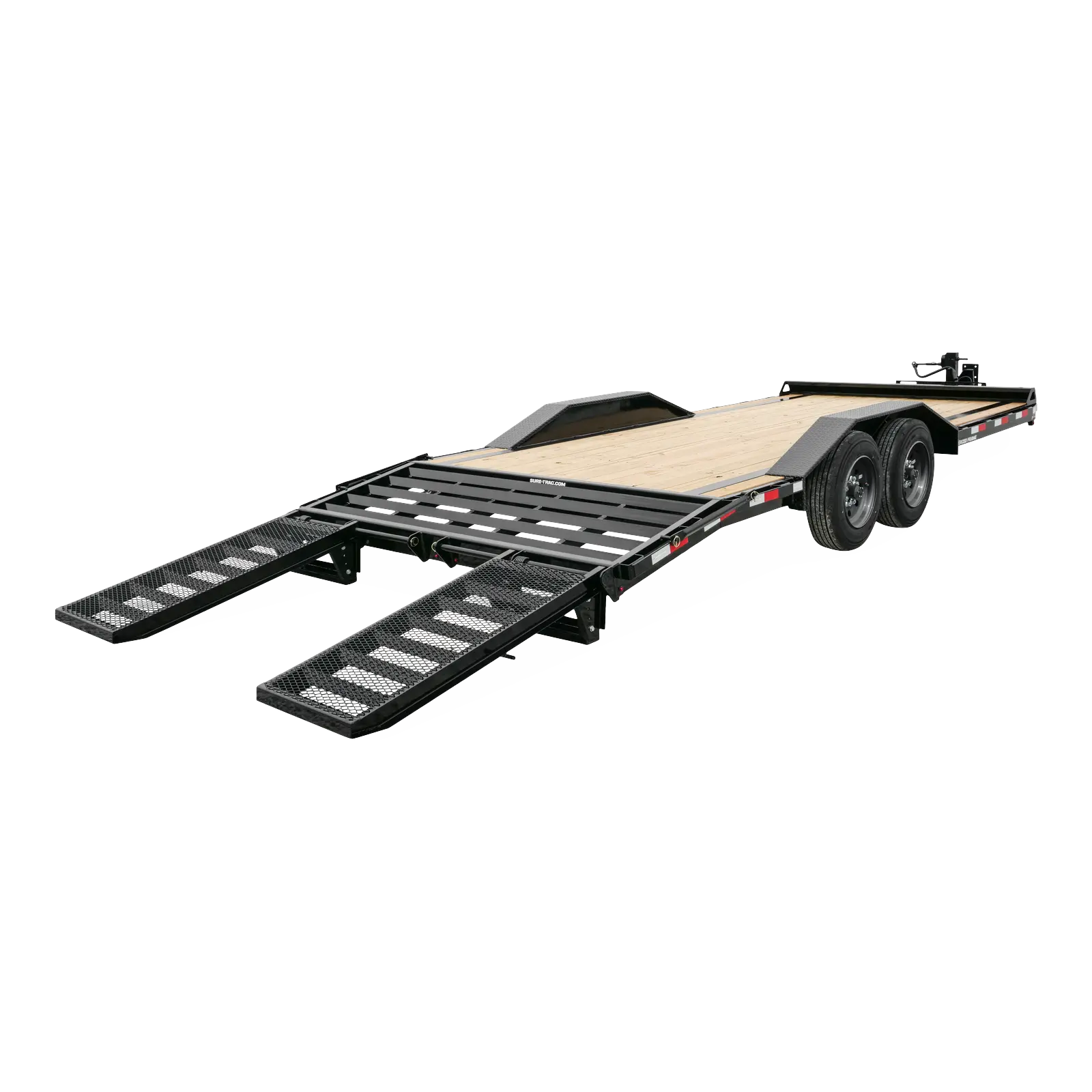 Black dual-axle car trailer with a wooden deck and fold-down loading ramps extended, shown from a low front-left angle for vehicle transport use