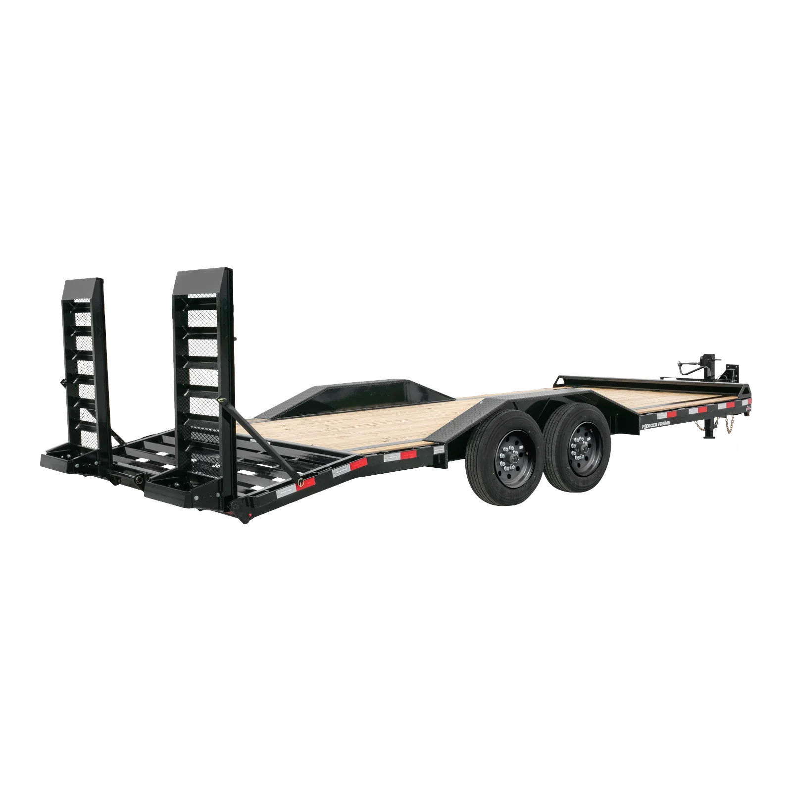 Trailer-mounted car hauler with wooden deck and dual rear ramps, black metal frame, and tandem axle wheels for transporting vehicles