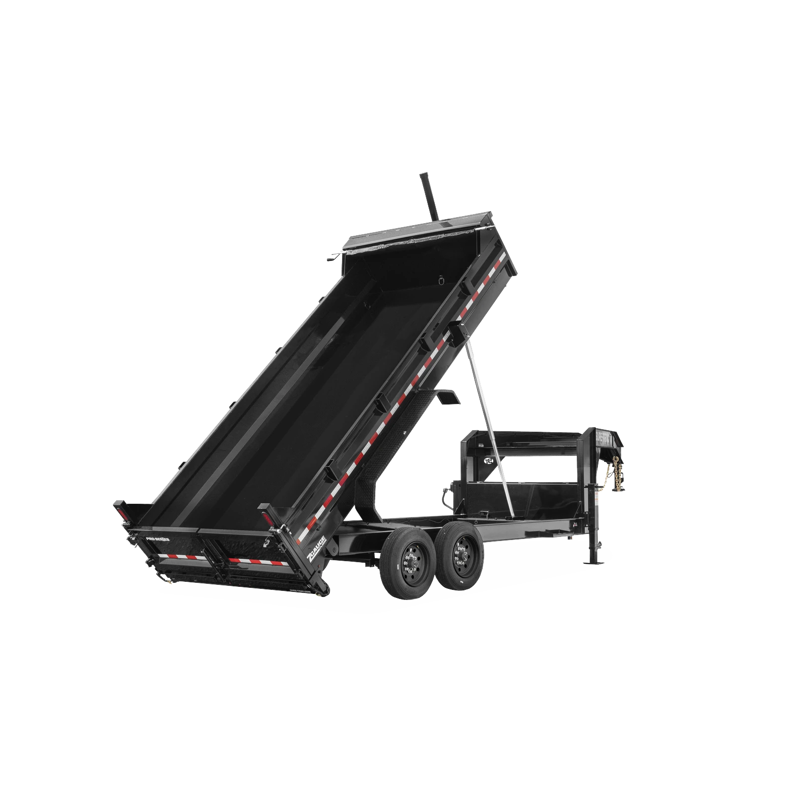 Black dump trailer with bed raised for unloading, showing dual rear wheels and hydraulic lift system