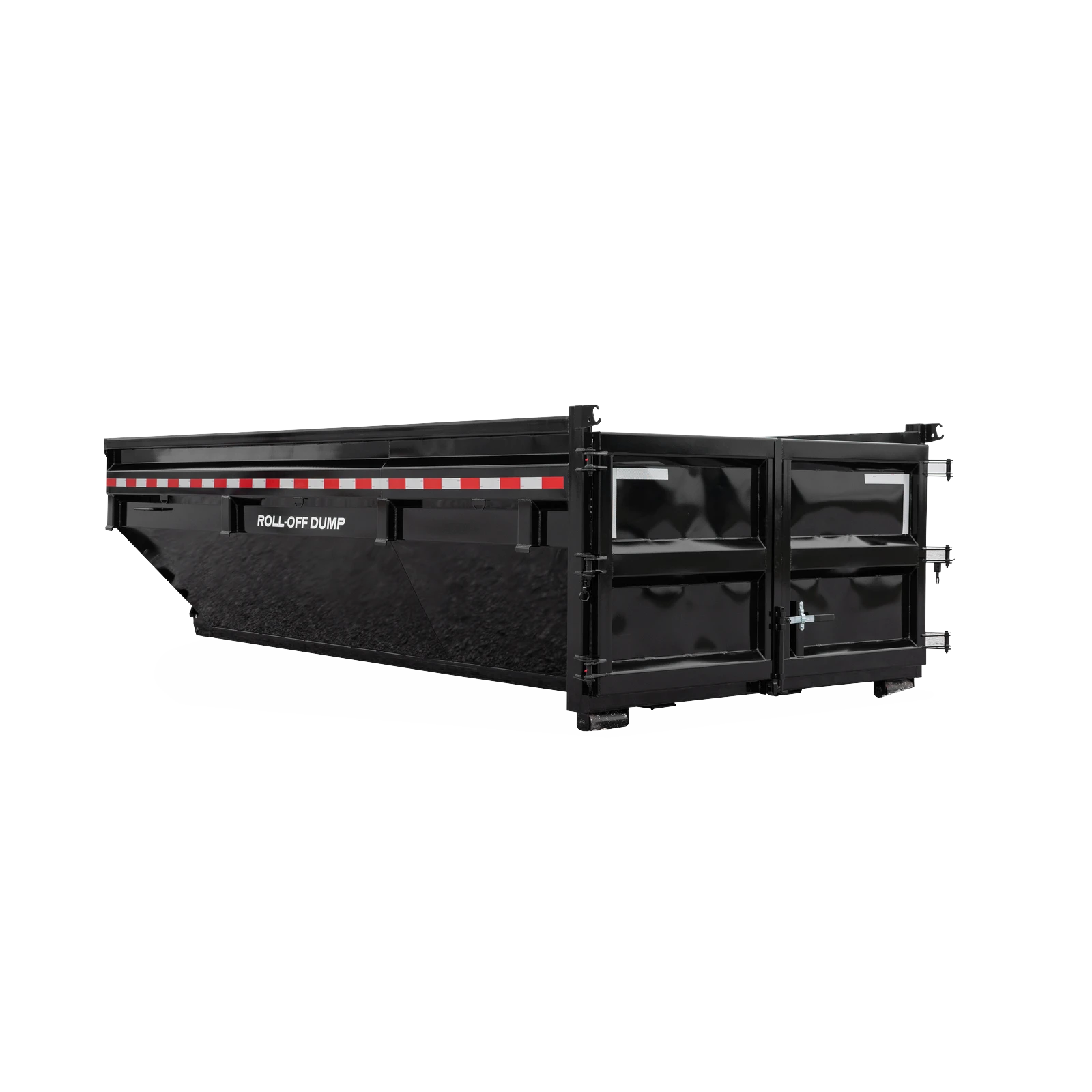 Black roll-off dumpster container with a red-and-white reflective stripe, labeled 'ROLL-OFF DUMP' aboard, on a white background.
