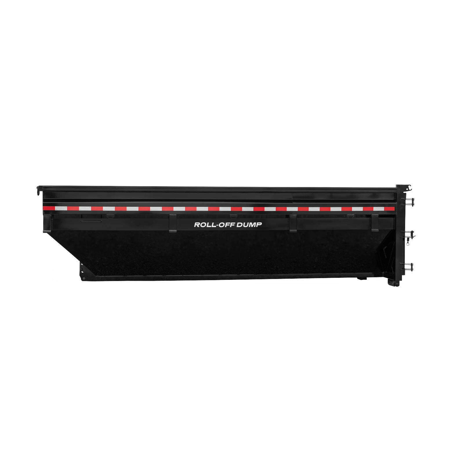 Roll-off dump truck bed shown in side view with red-white reflective stripe along top edge and hydraulic hooks at right end