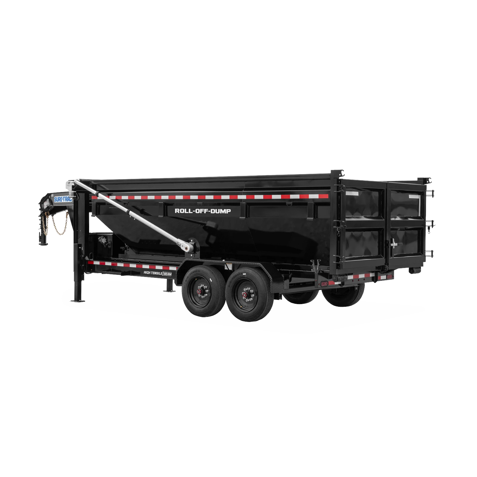 Black roll-off dumpster trailer with hydraulic arm and red-and-white safety stripe, labeled 'ROLL-OFF-DUMP' ( Sure-Trac brand ).