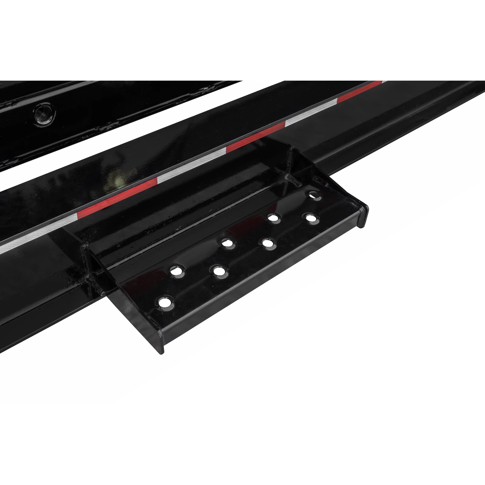 Close-up of a glossy black metal rail with evenly spaced circular holes and a perforated mounting bracket area nearby.