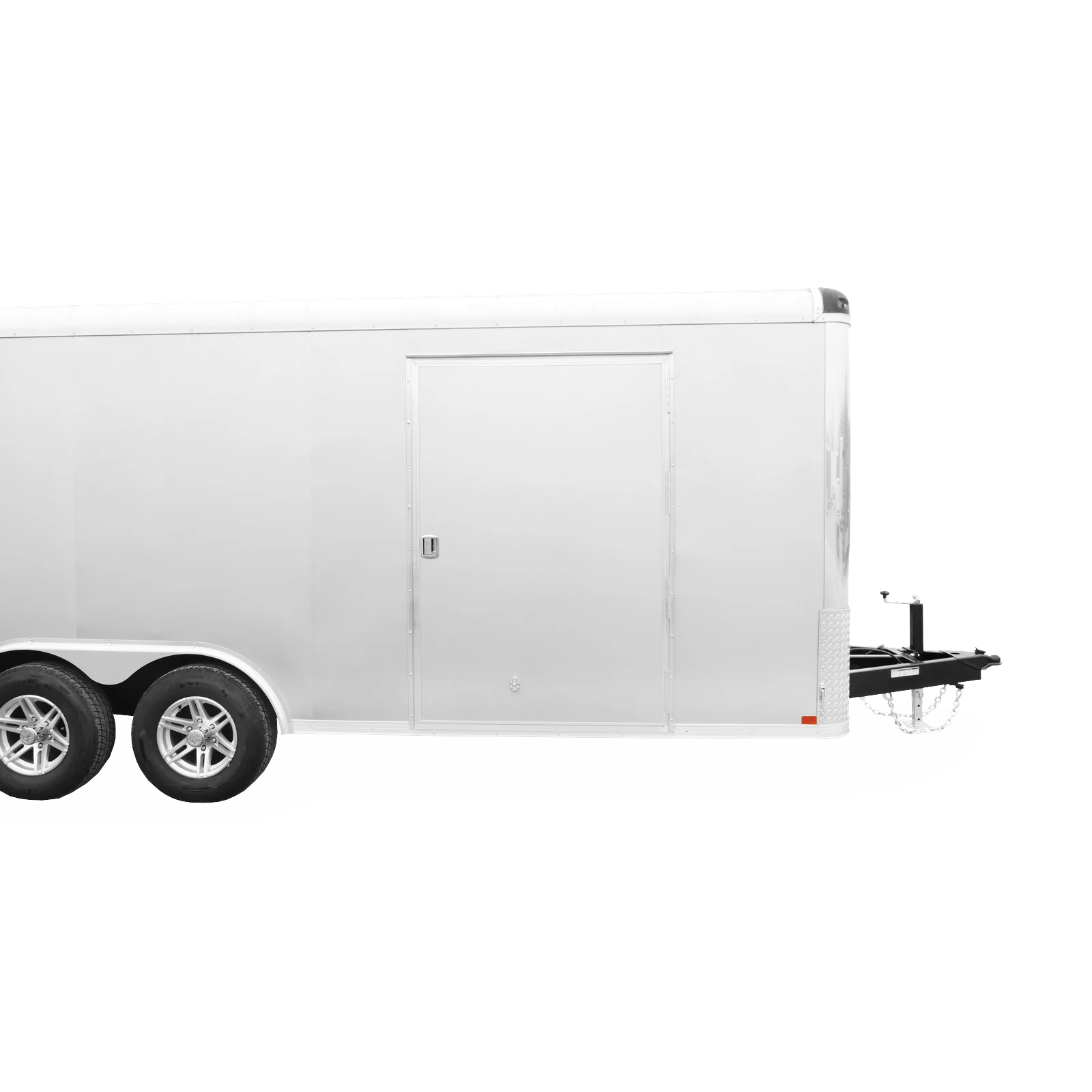 Side view of a large enclosed trailer on dual axles with a vertical side door and a hitch at the front, set against a white background.
