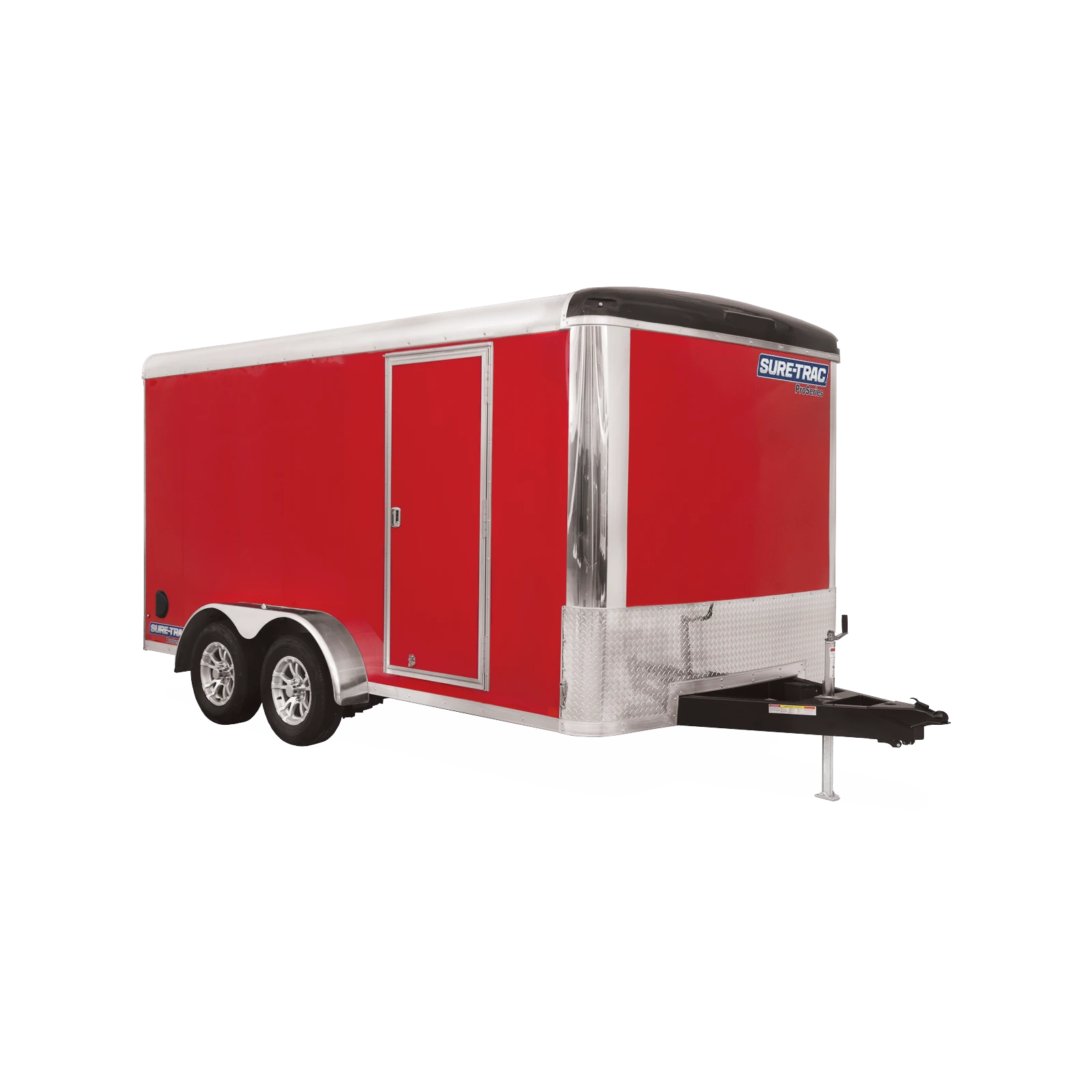 Red enclosed utility trailer with dual axles and a black front cap, mounted on a hitch against a white background (Sure-Trac Pro Series)