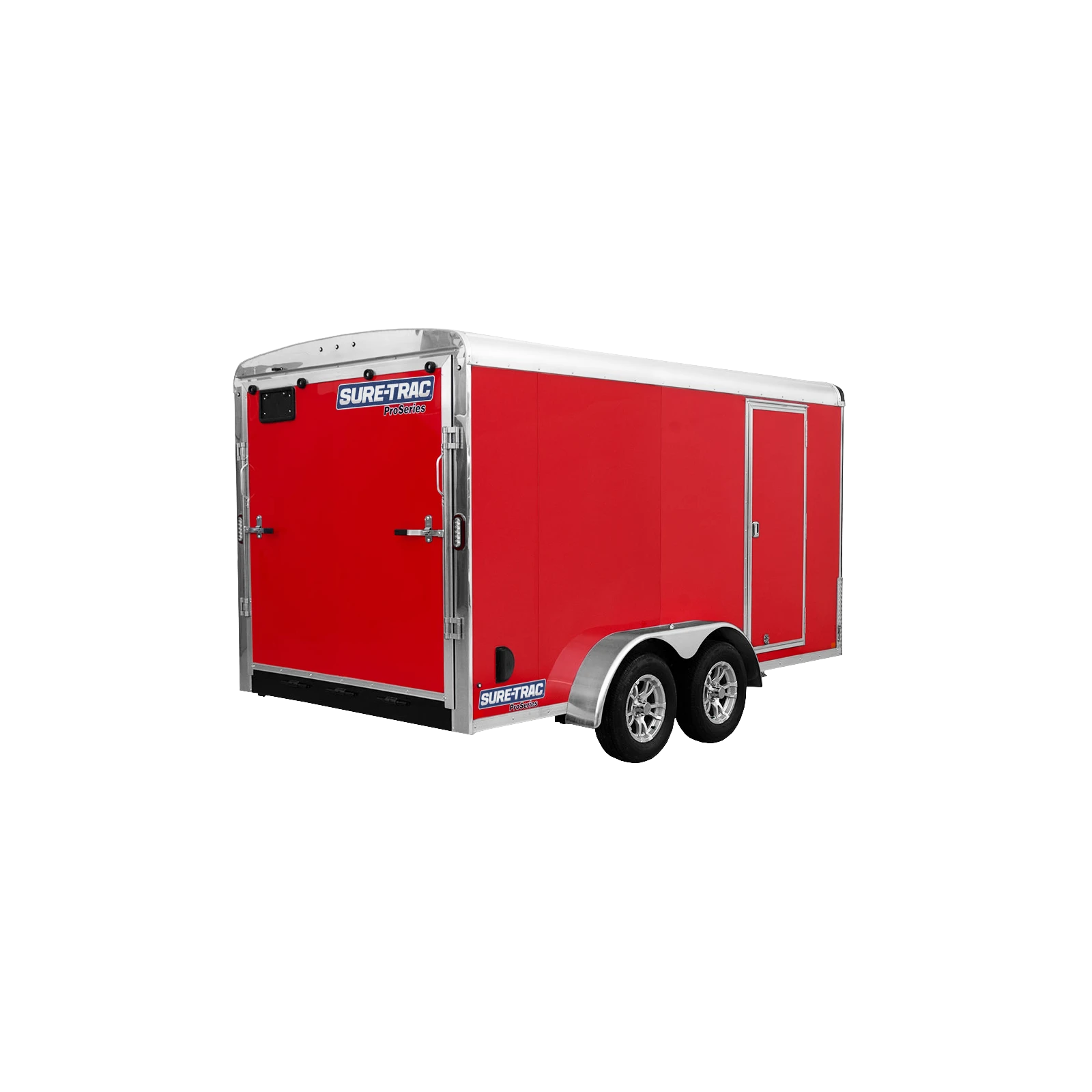 Red enclosed cargo trailer with chrome trim and dual axles, showing a side access door and back doors with a Sure-Trac logo logo on the front corner panel