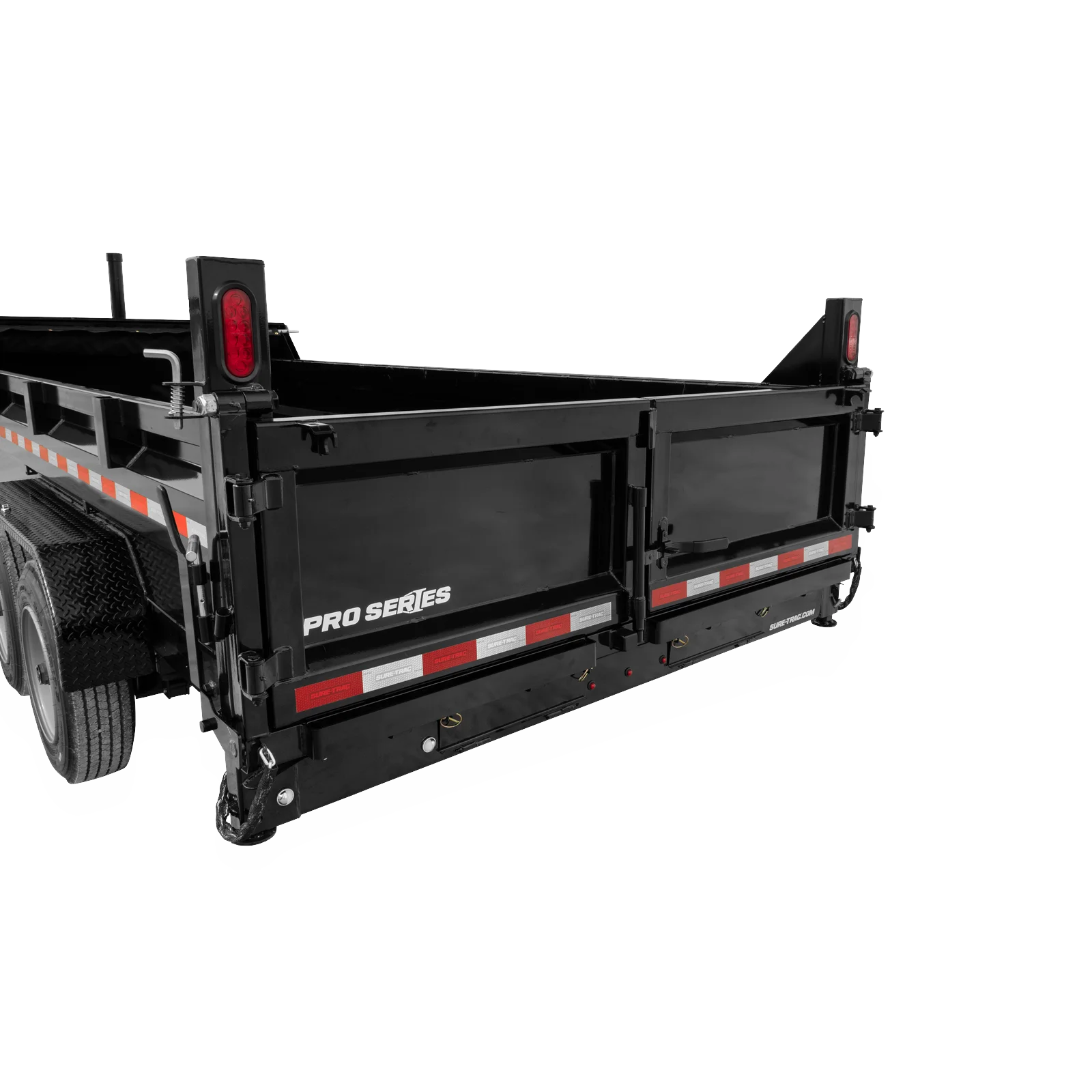 Rear-left view of a black dump trailer with red taillights, reflective stripes, and a sturdy metal bed labeled 'Pro Series'.