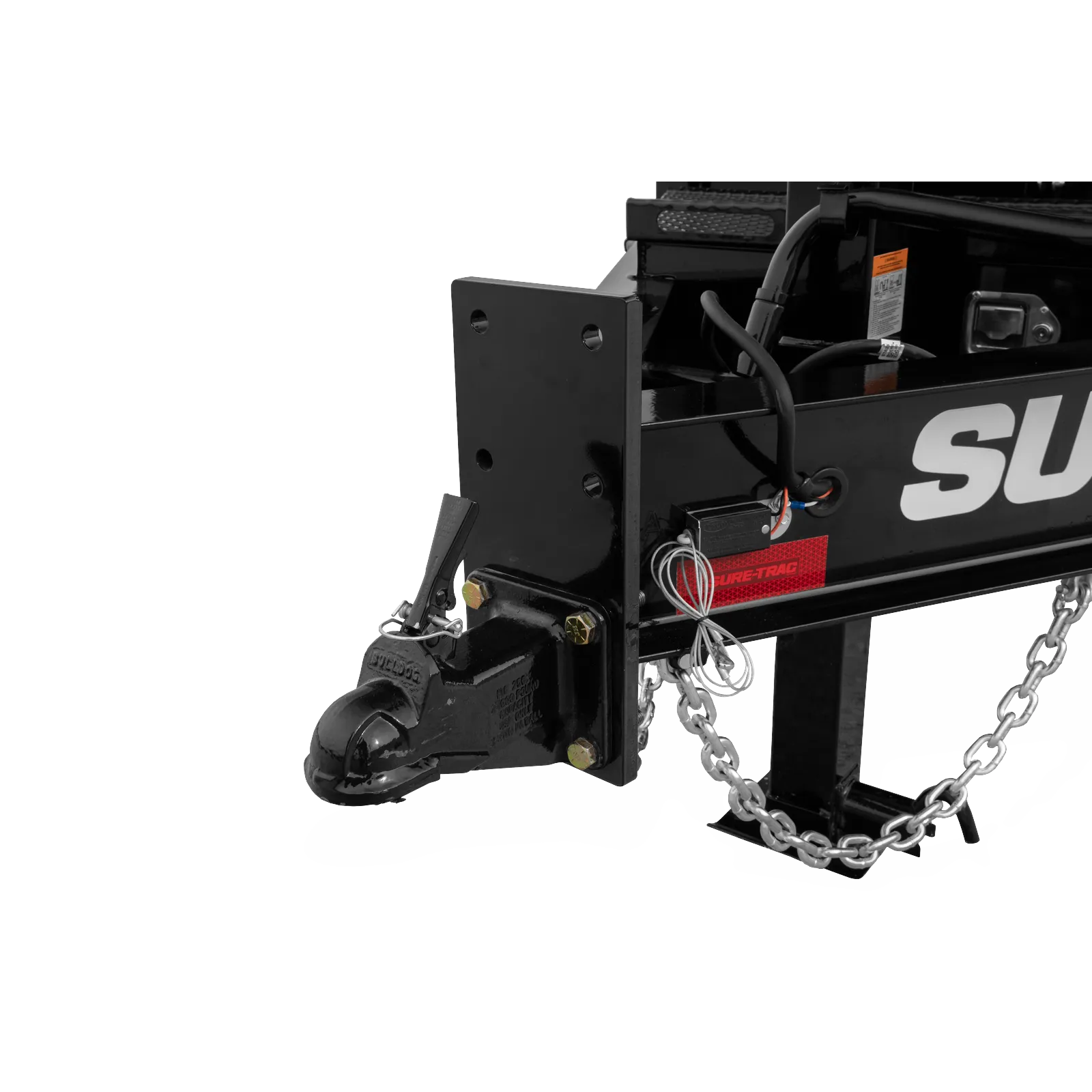 Close-up of a black trailer hitch with safety chains and wiring harness visible, on a white background