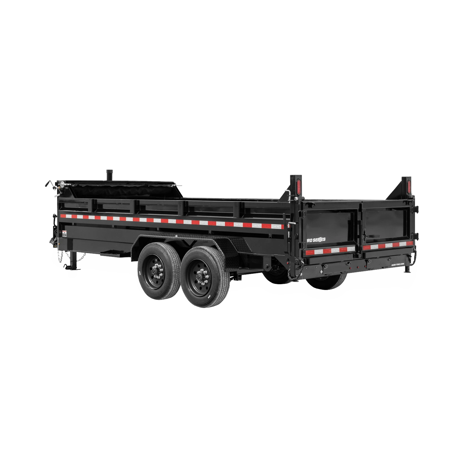 Black dump trailer with dual axles and red/white reflective tape along the sides, shown in a side view on a white background