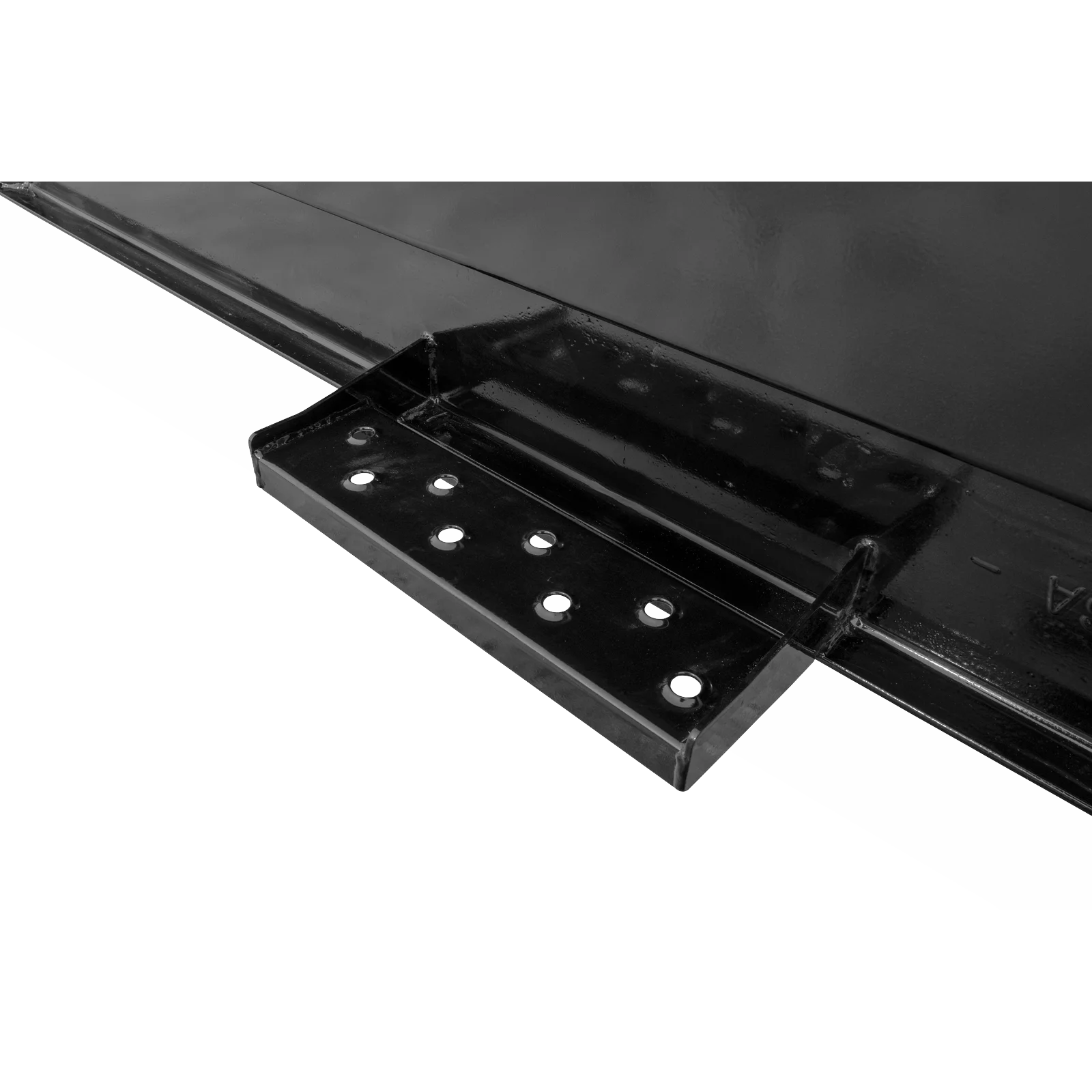 Close-up of a black metal bracket with circular mounting holes and a glossy finish