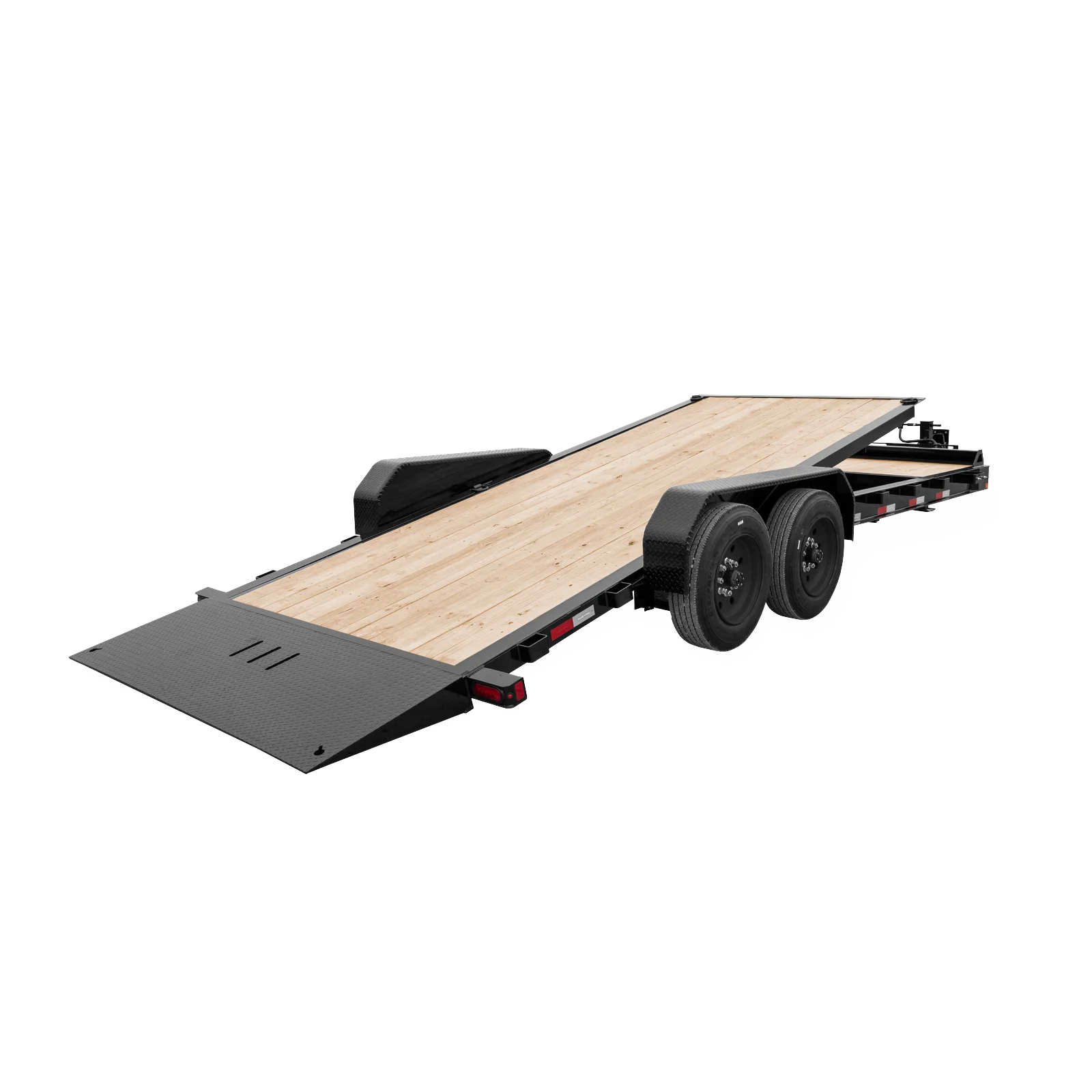 Flatbed trailer with a wooden deck and a fold-down ramp at the rear, two axles and black fenders visible used for hauling vehicles/gear.