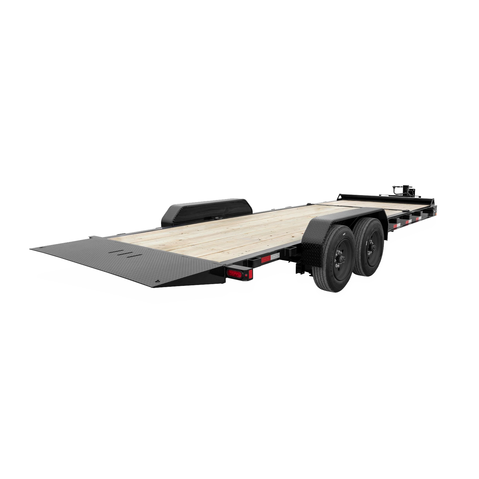 Dual-axle flatbed trailer with a wooden deck and lowered rear loading ramp ready for loading.