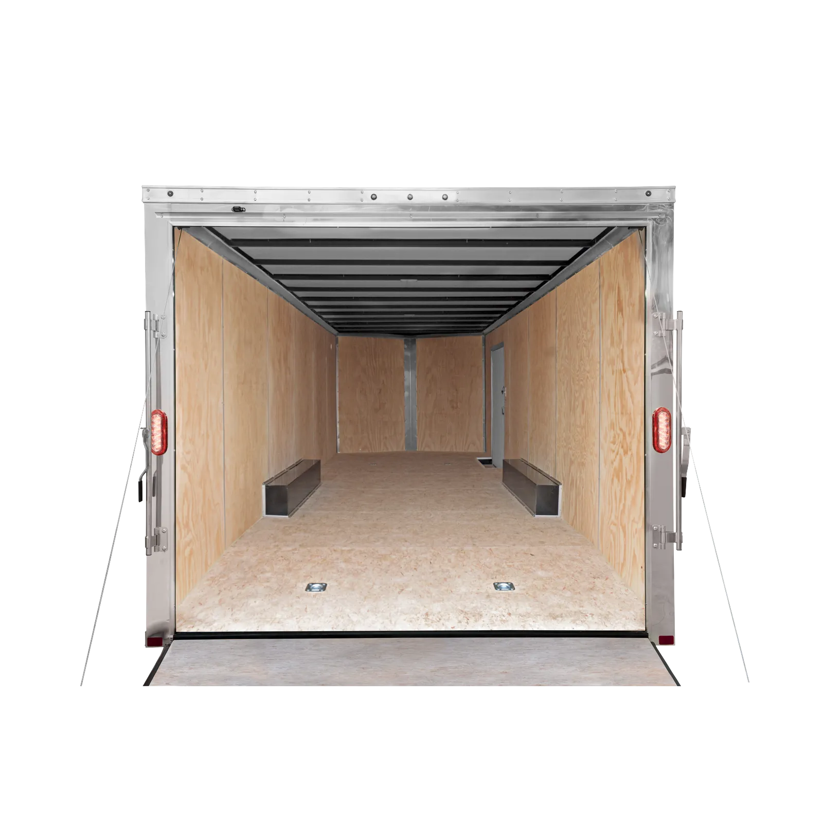Interior of an empty enclosed cargo trailer with plywood walls and a wooden floor, rear doors open outward.