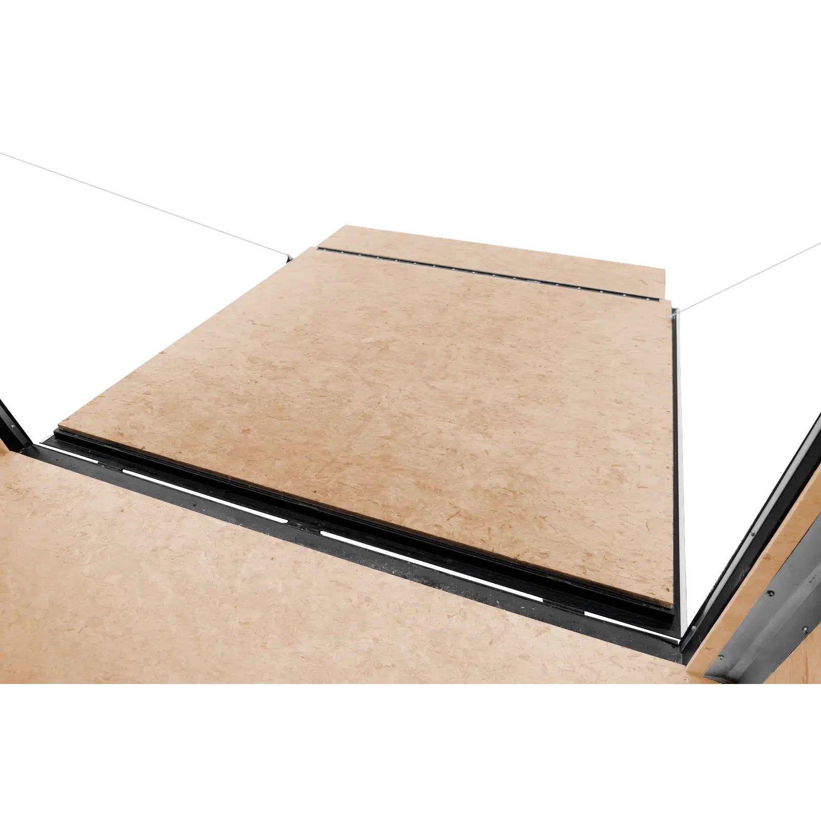 Top-down view of a plywood OSB platform framed by metal edges, suggesting a construction site or roof hatch area