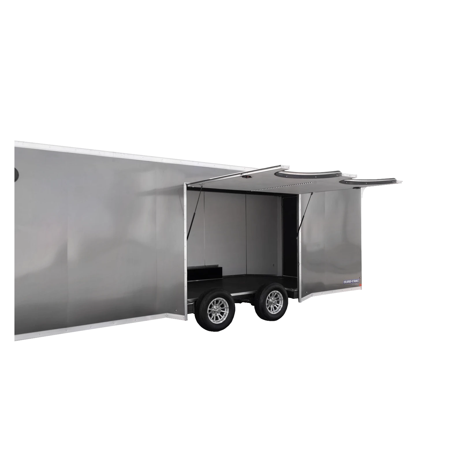 Open silver enclosed cargo trailer with a side entry hatch raised, exposing interior and dual-axle wheels.