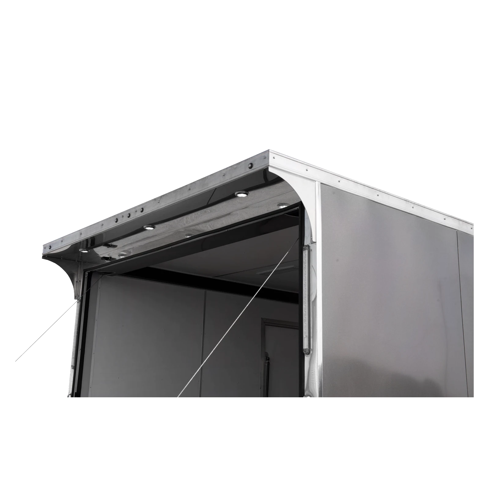 Open cargo trailer doorway showing a metal frame, trim, and interior wall panels