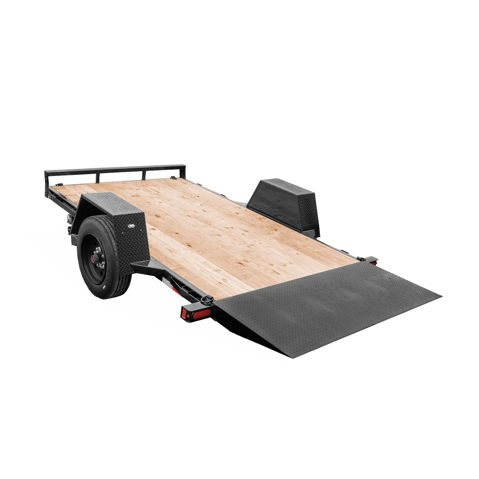Flatbed trailer with a wooden deck and steel ramp folded down for loading cargo