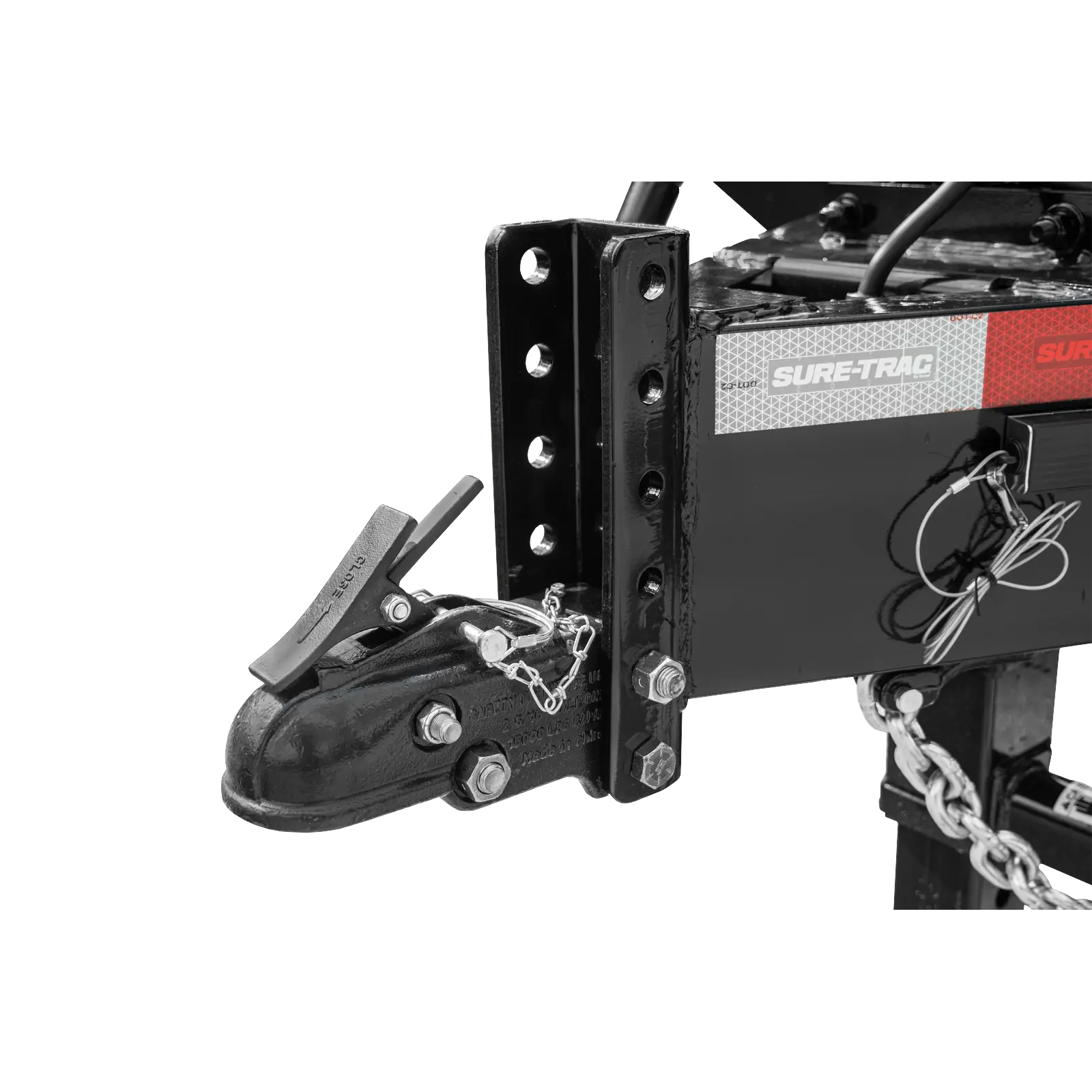 Heavy-duty trailer hitch frame with a black steel vertical plate and mounted wheel, featuring a Sure-Track label and attached safety chains organized nearby