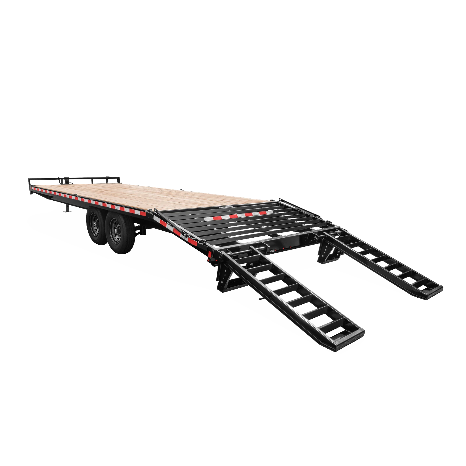 Flatbed trailer with a wooden deck and black metal frame, dual ramped rear ends for loading vehicles