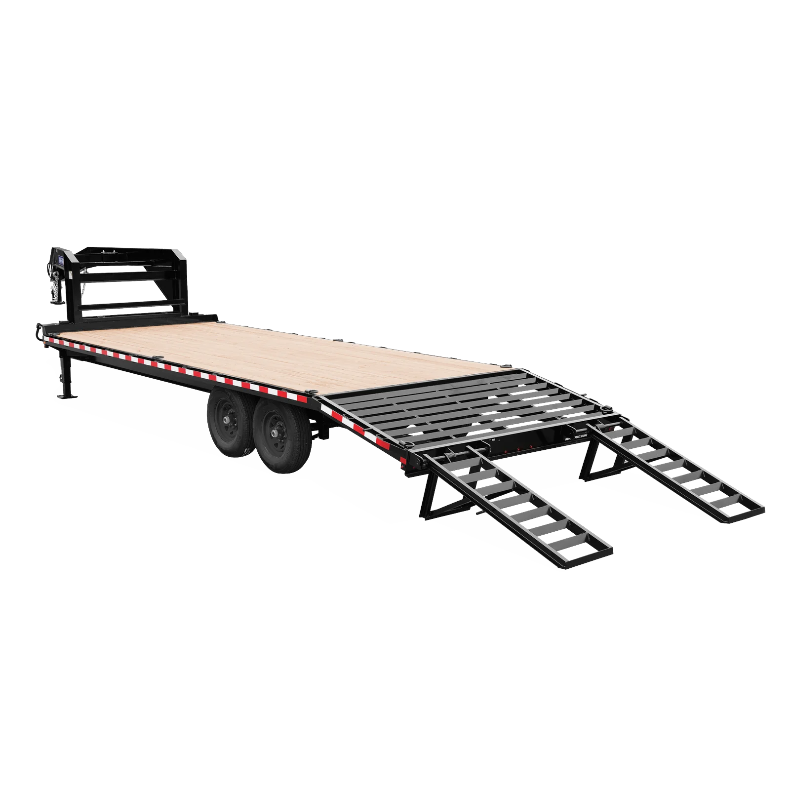 Black multi-axle car hauler trailer with a wooden deck and extended loading ramps at the rear