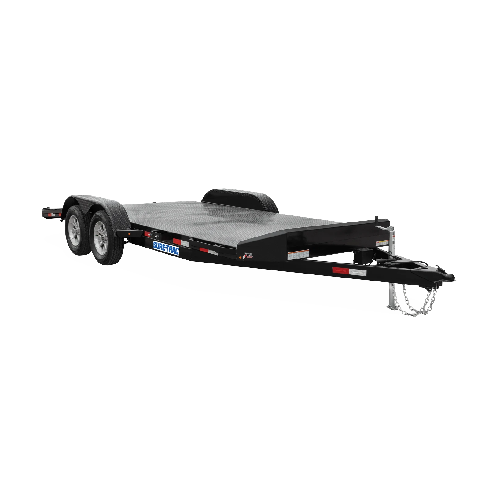 Black tandem-axle car hauler trailer with a diamond-plate steel deck and safety chains, labeled Sure-Trac on the side.
