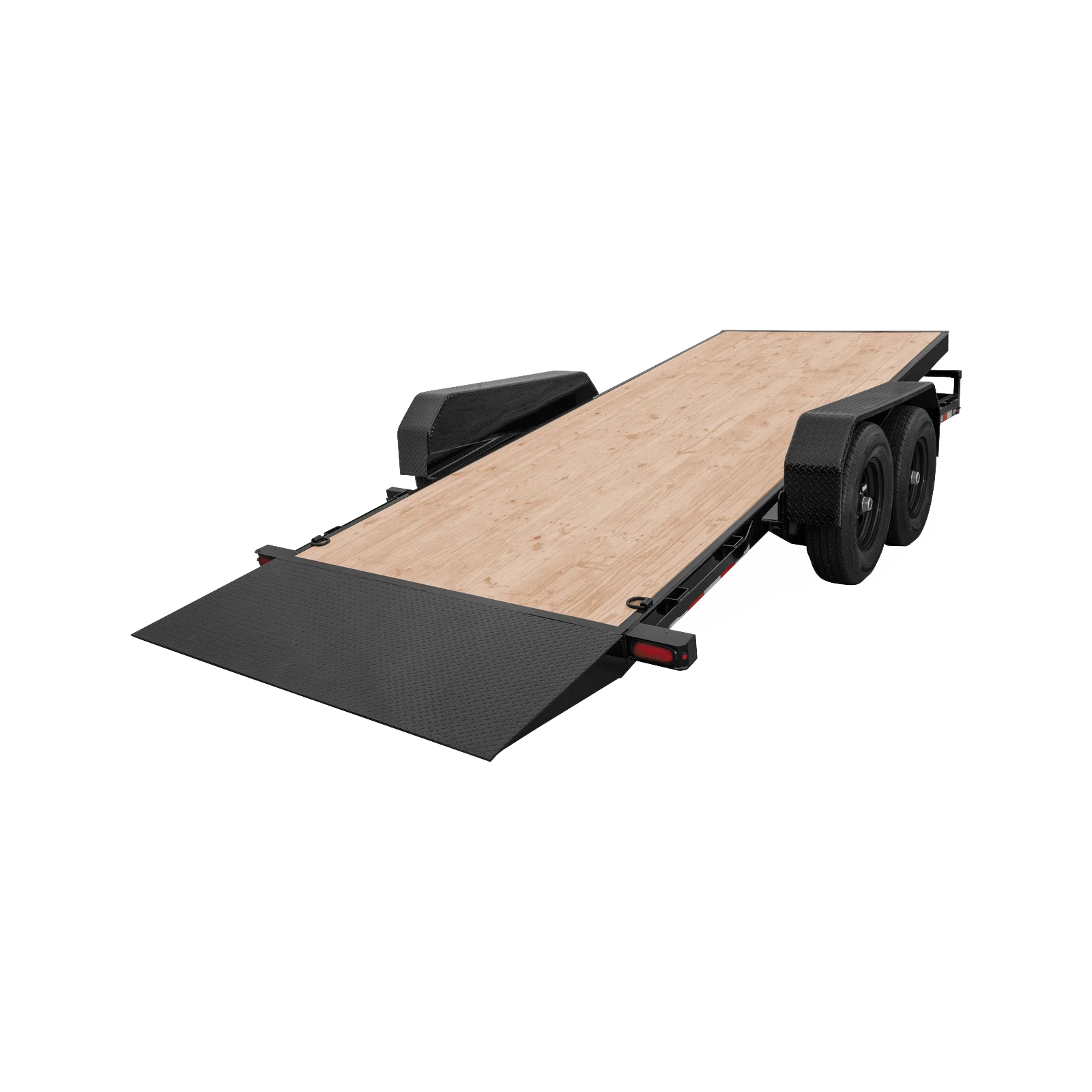 Dual-axle flatbed trailer with a wooden deck and a lowered ramp for loading vehicles or equipment